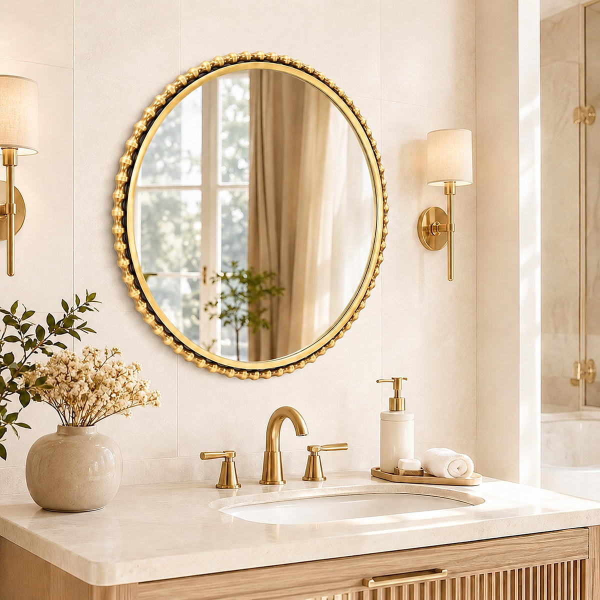Antique Gold Beaded Round Mirror