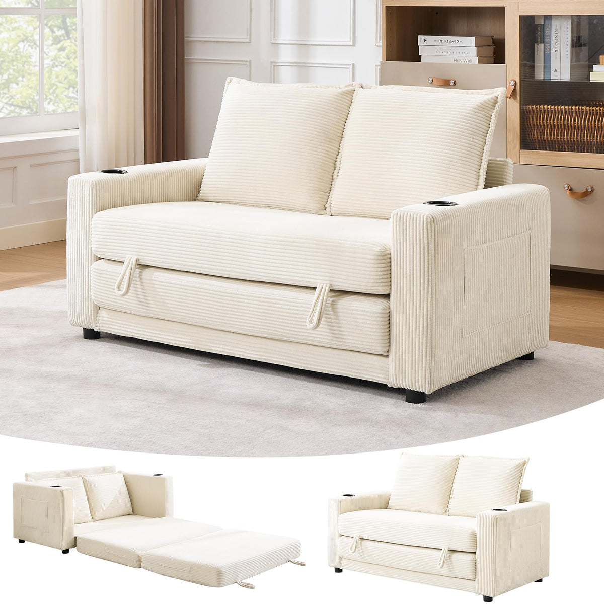 WODNITURE 55.6 in Convertible Sofa Bed, Corduroy Futon Couch, Beige