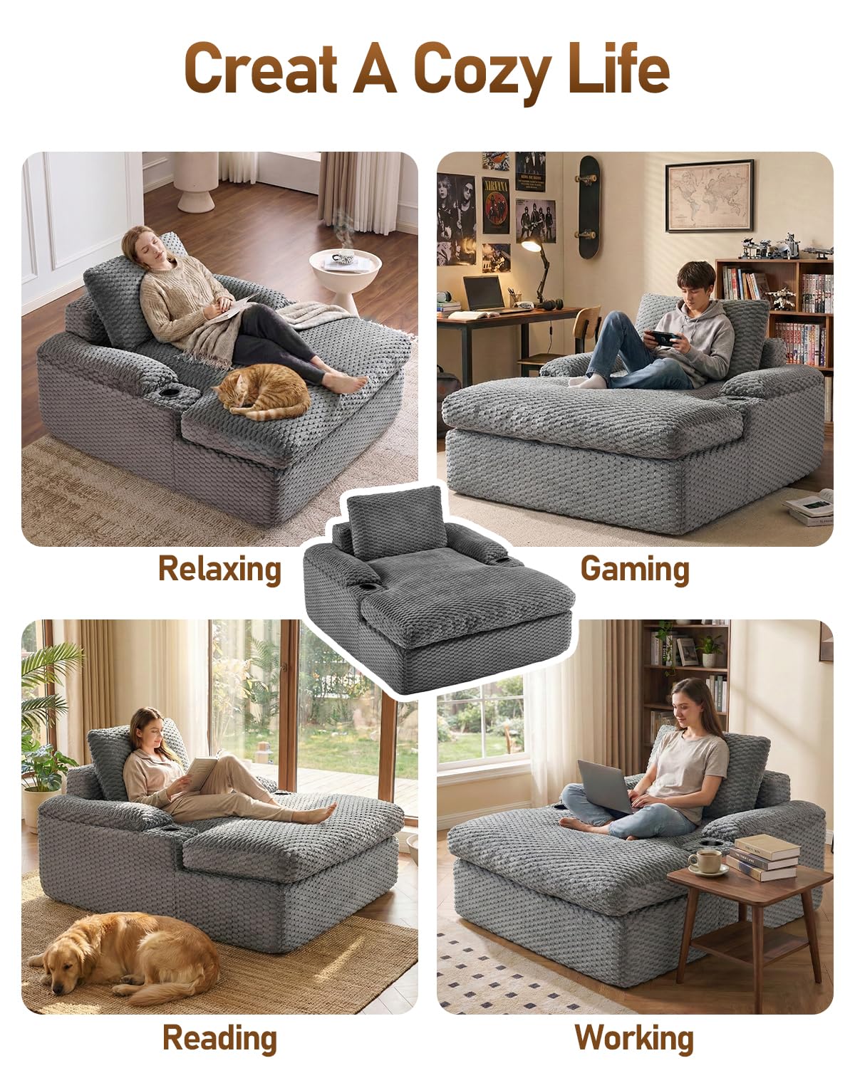 Karl home 59.8" Chaise Lounge Chair Indoor,20.1" Deep Seat,Gray