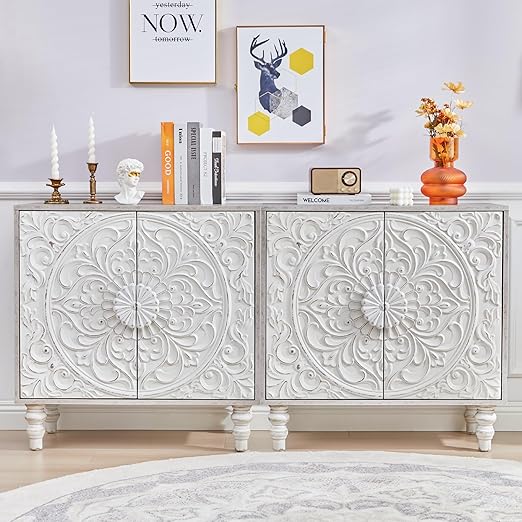Vintage French Style Storage Cabinet with Carved Doors