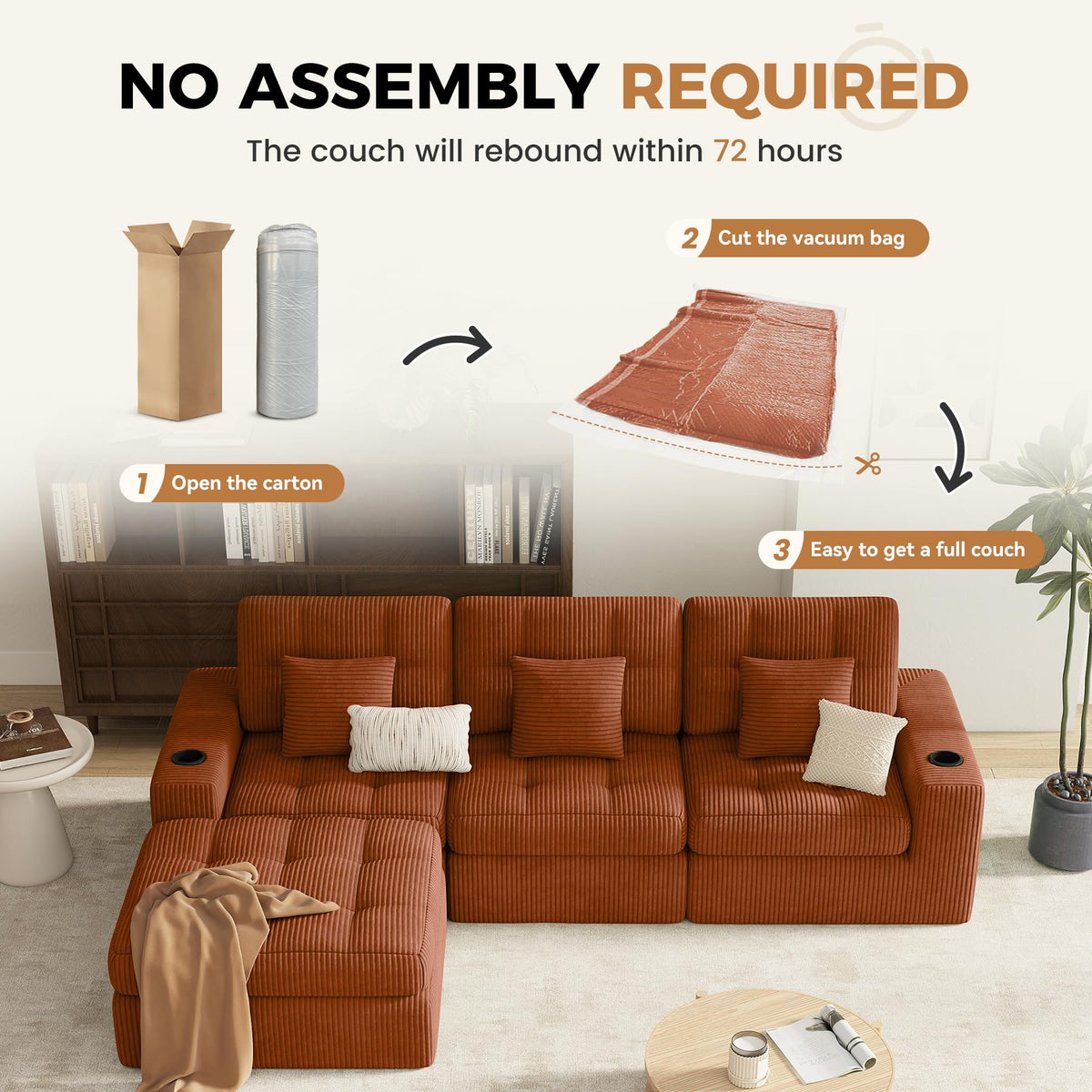 112" L Shaped Cloud Boneless Couch,Modern Modular Sectional Sofa with Layered Cushion,No Assembly Convertible Corduroy Couches for Living Room,Caramel 1 PCS