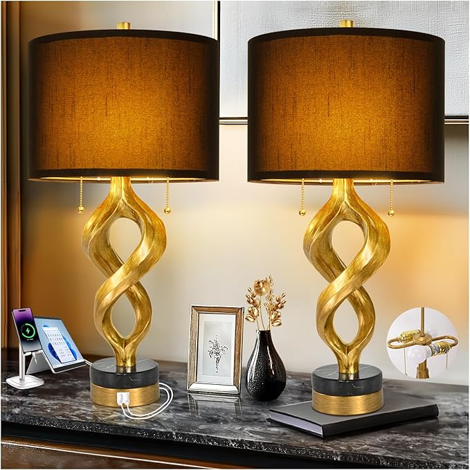 Sculptural Table Lamp Set of 2 with USB Ports & Marble Base