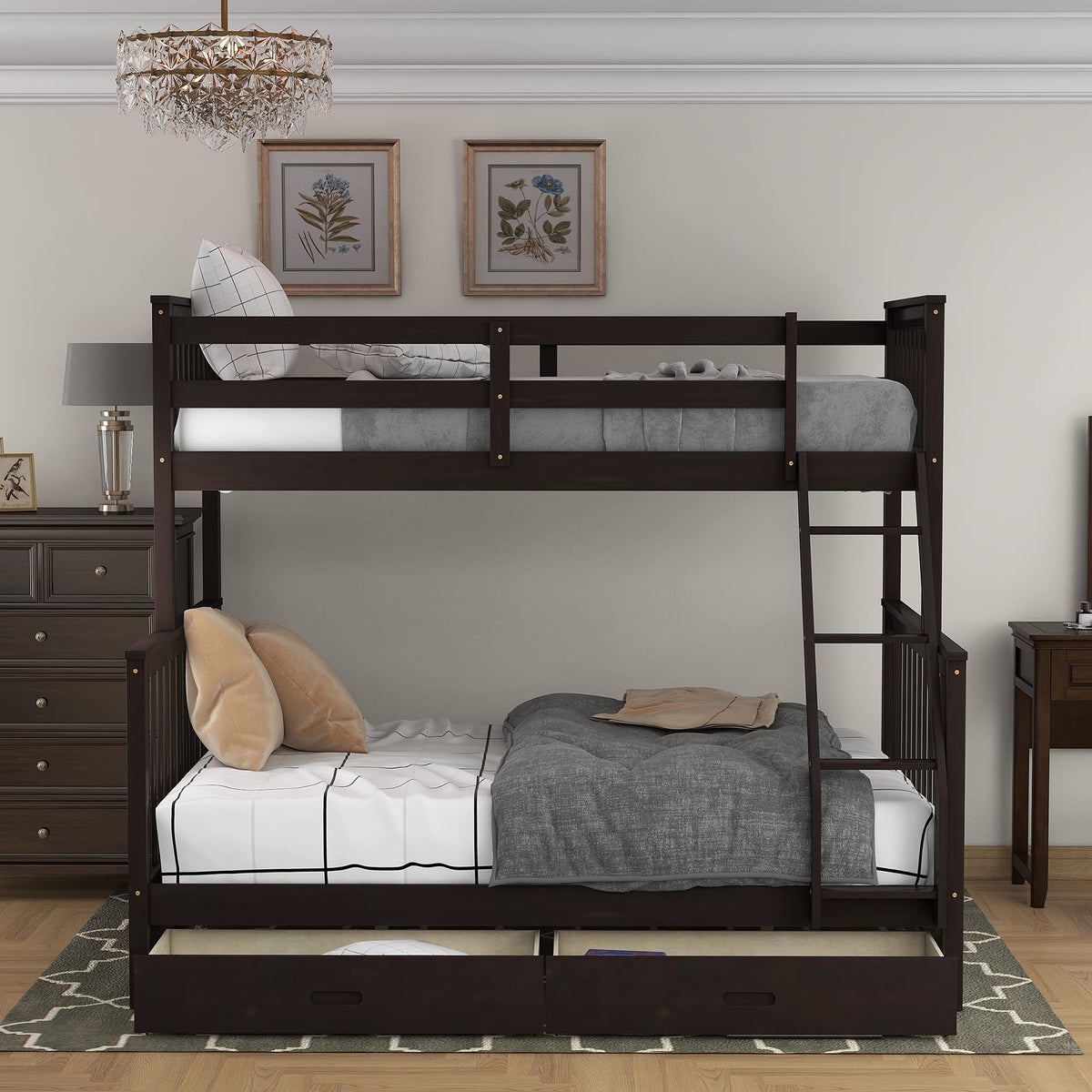 Harper & Bright Designs Twin Over Full Bunk Bed with Drawers and Ladder, Espresso