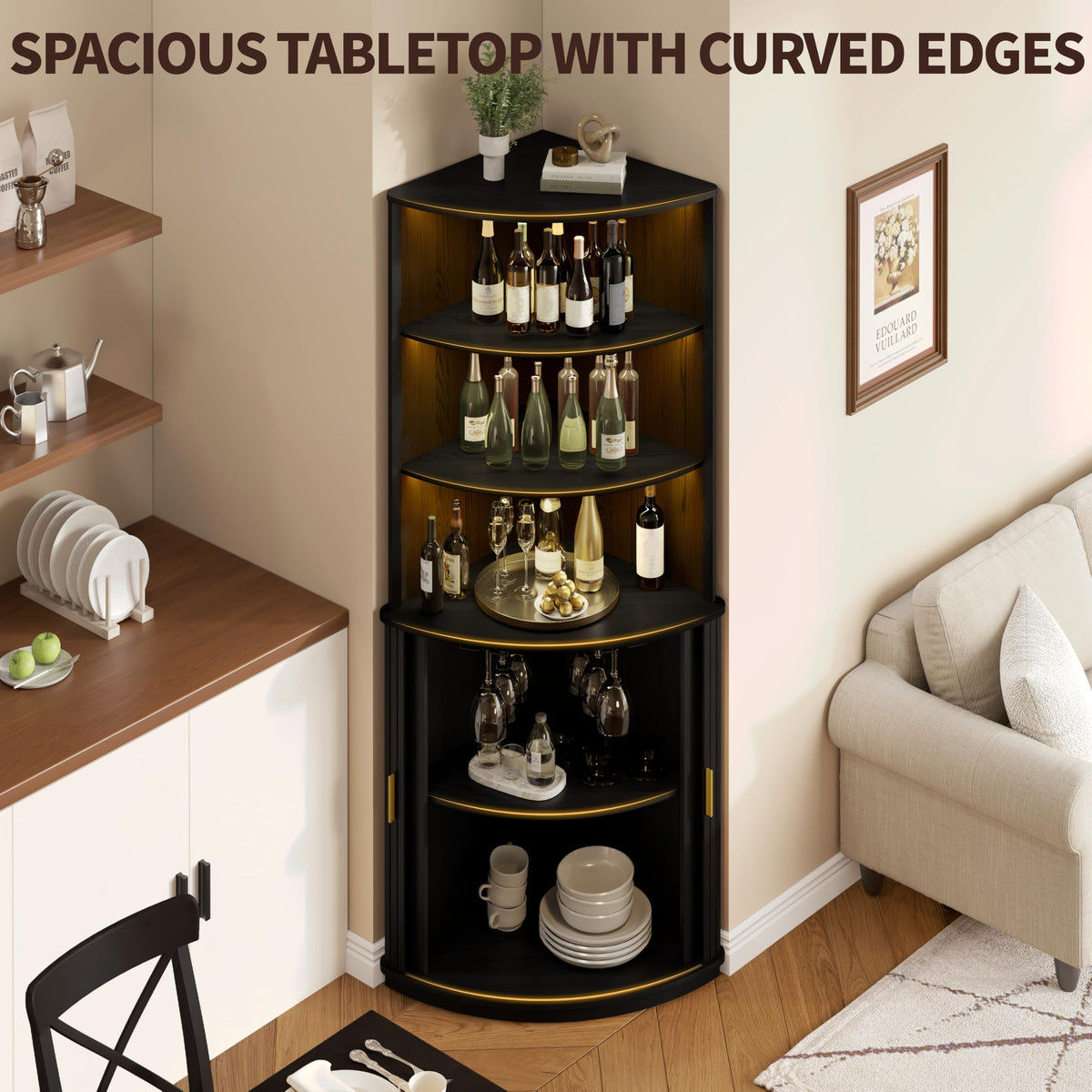 DHH 71" Tall Corner Bar Cabinet with LED Light & Wine Glass Holder(Black)
