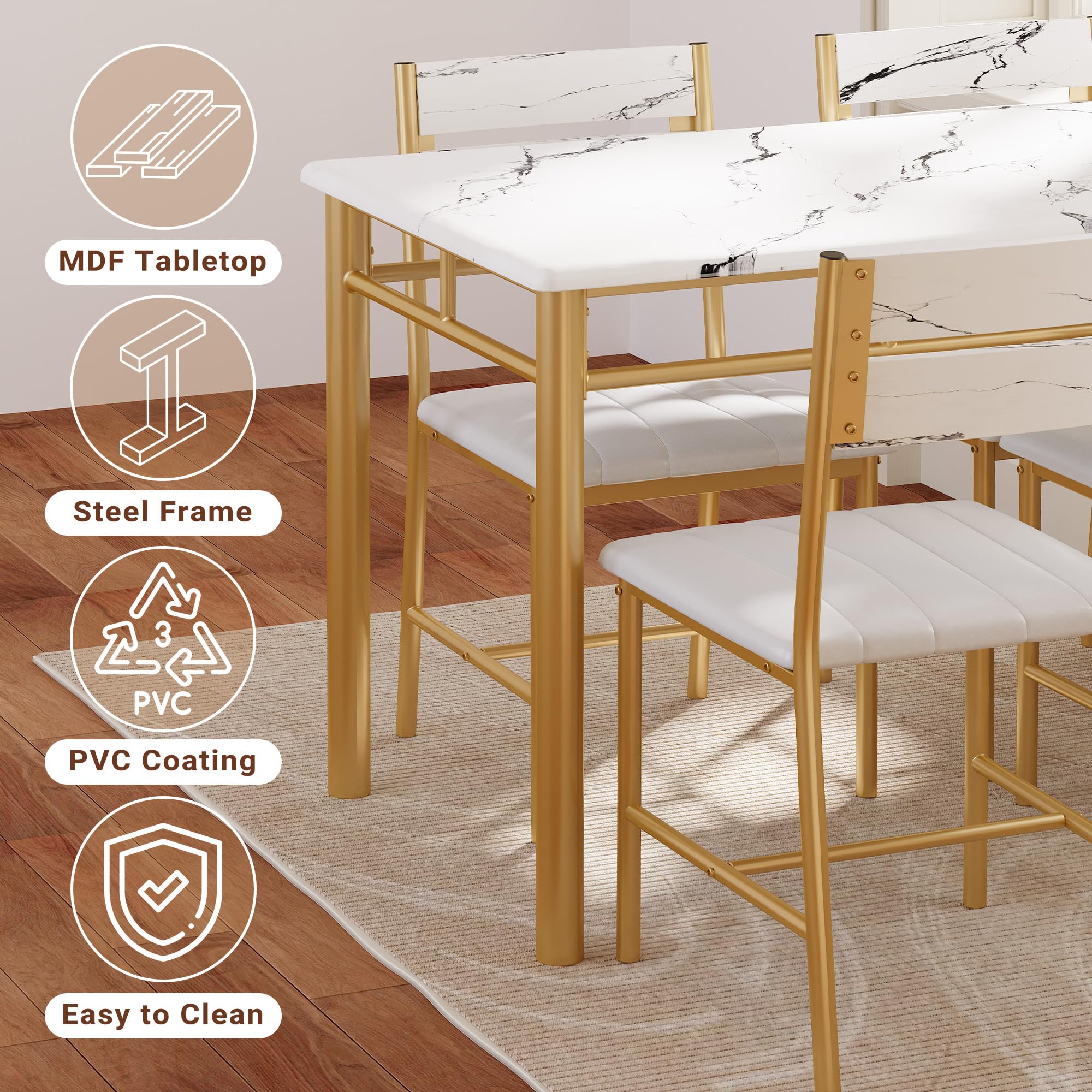 IRONCK Dining Table Set for 4, Wood Kitchen Table with Upholstered Chairs for Kitchen & Dining Room, Compact Dining Set for Small Spaces, White & Gold