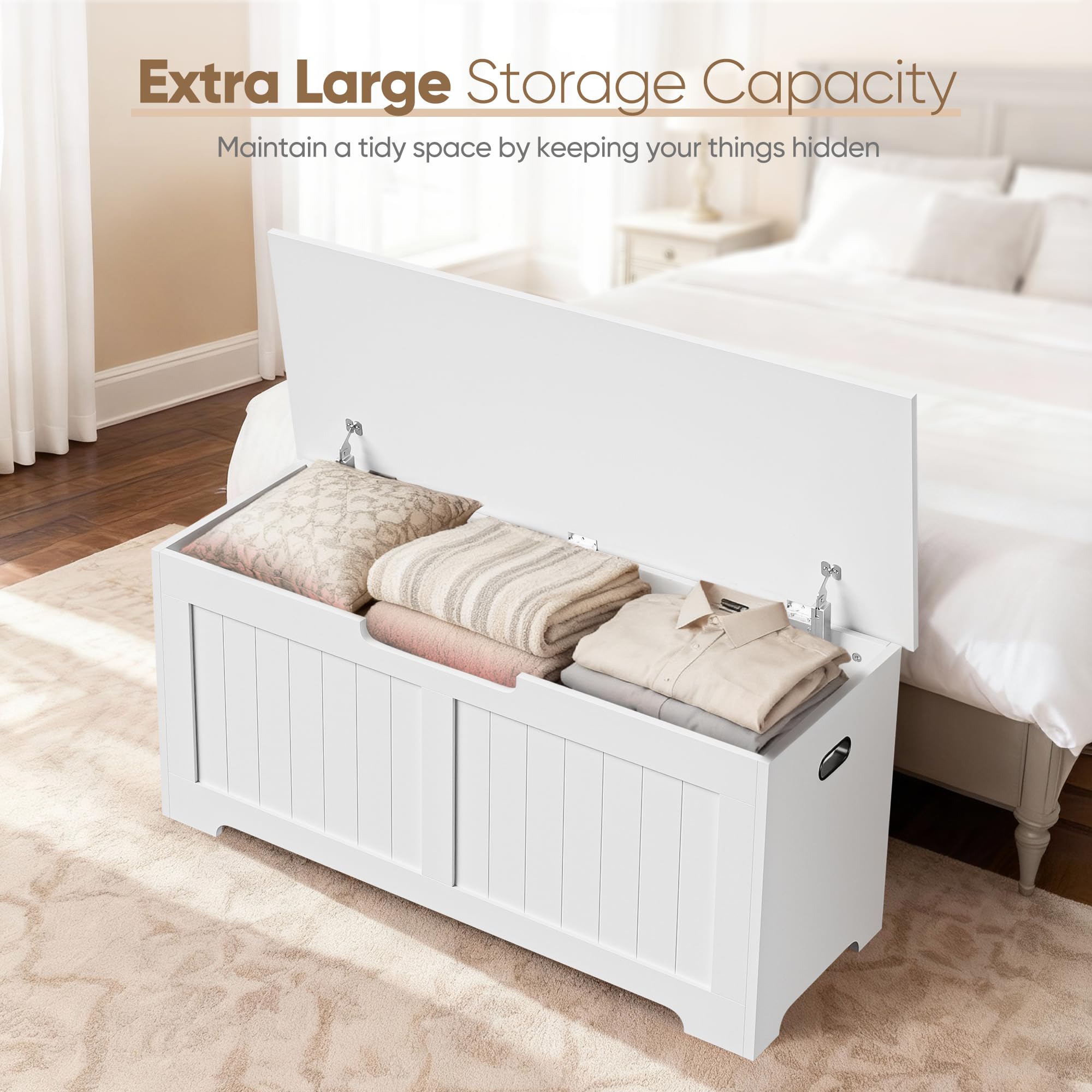 SUPER DEAL Storage Chest, 39 inches Chest Box Organizer with 2 Safety Hinges, Wooden Entryway Shoe Organizer Storage Bench, White