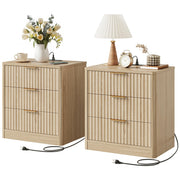 IRONCK Fluted Night Stand Set of 2, 22" Modern Nightstand with Charging Station & 3 Drawers, Bedside Table for Bedroom, Natural Oak