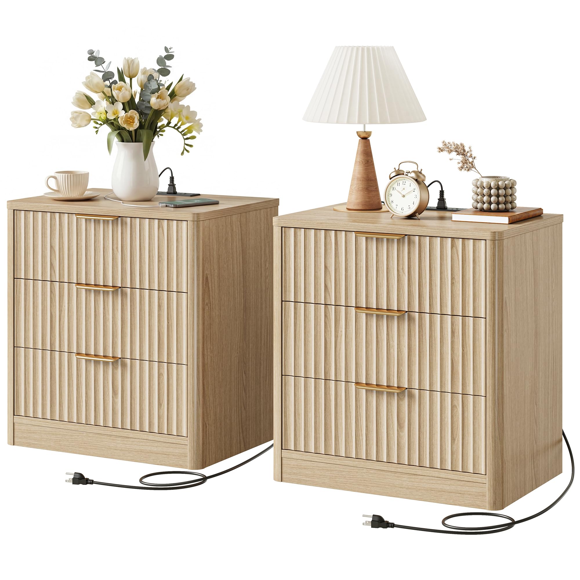 IRONCK Fluted Night Stand Set of 2, 22" Modern Nightstand with Charging Station & 3 Drawers, Bedside Table for Bedroom, Natural Oak