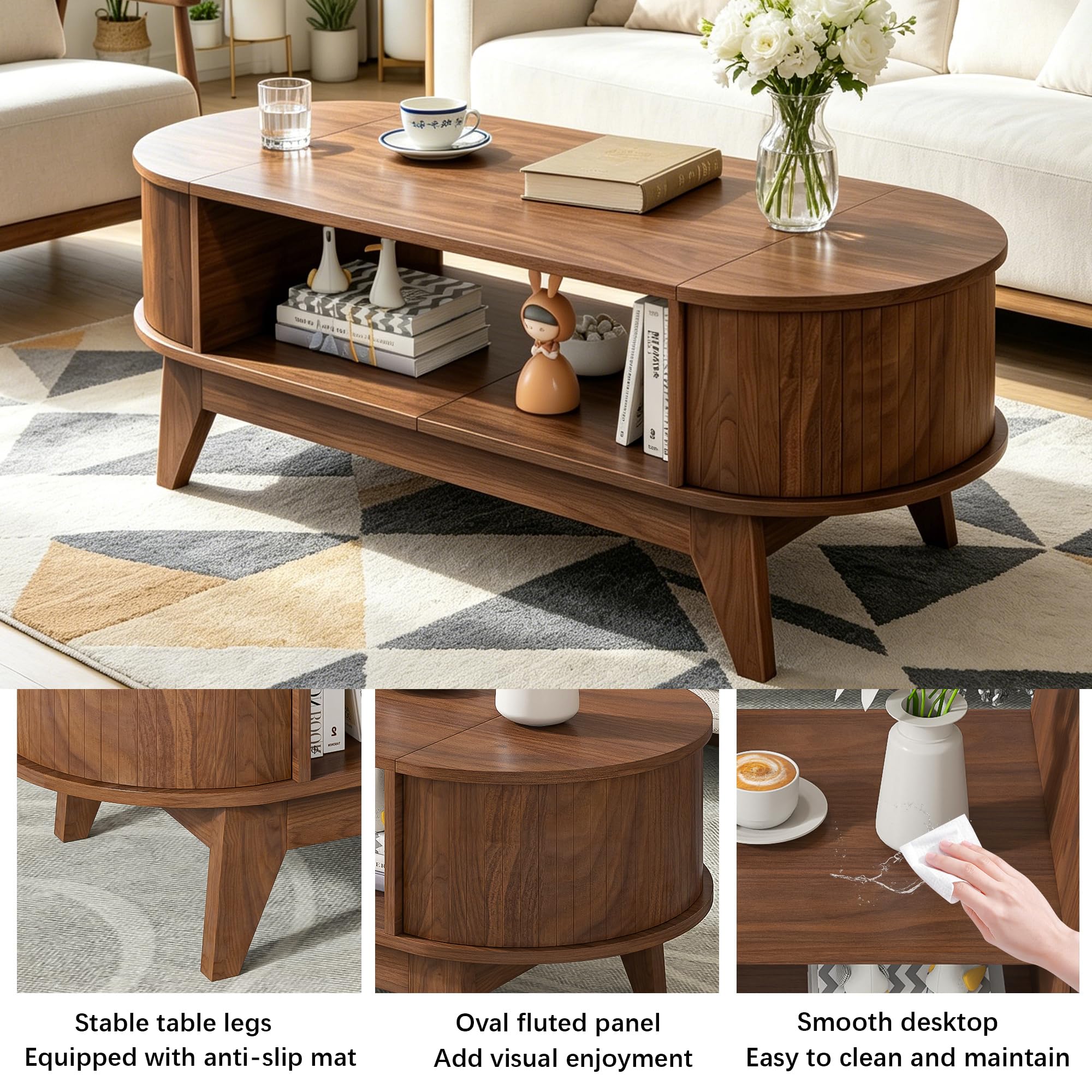 Coffee Table with Storage,Mid Century Modern Coffee Tables with 2 Flip-Top Hidden Lids,Fluted Coffee Table,Wood Center Tables for Living Room Home Office (Walnut Color)