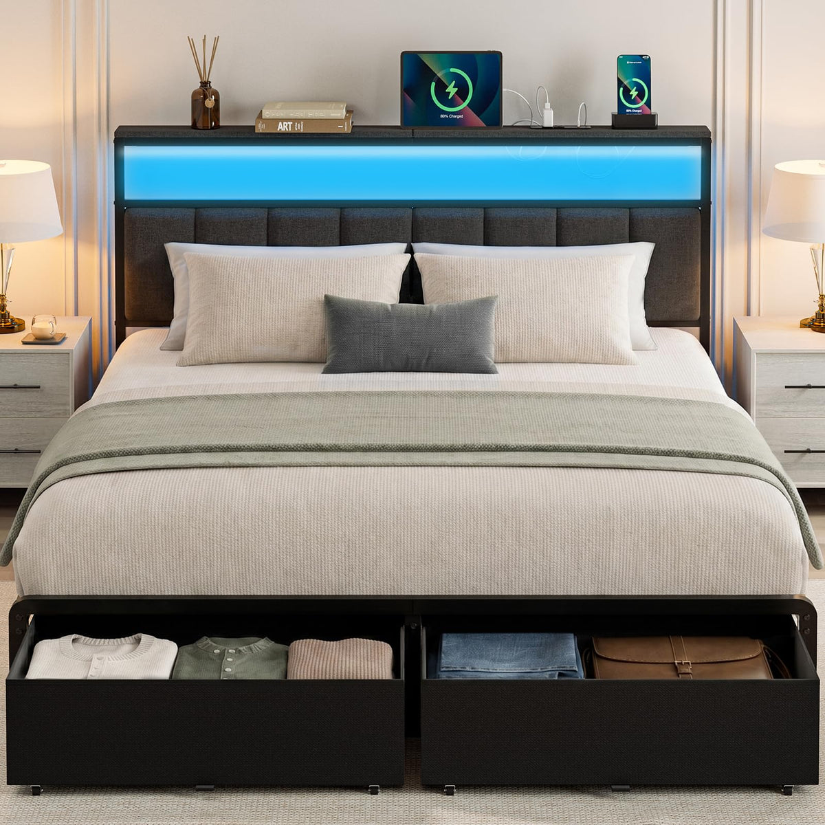 UHTN Queen Bed Frame with 2 Storage Drawers, Grey Upholstered