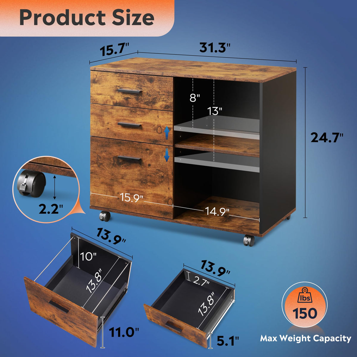 3-Drawer Mobile File Cabinet