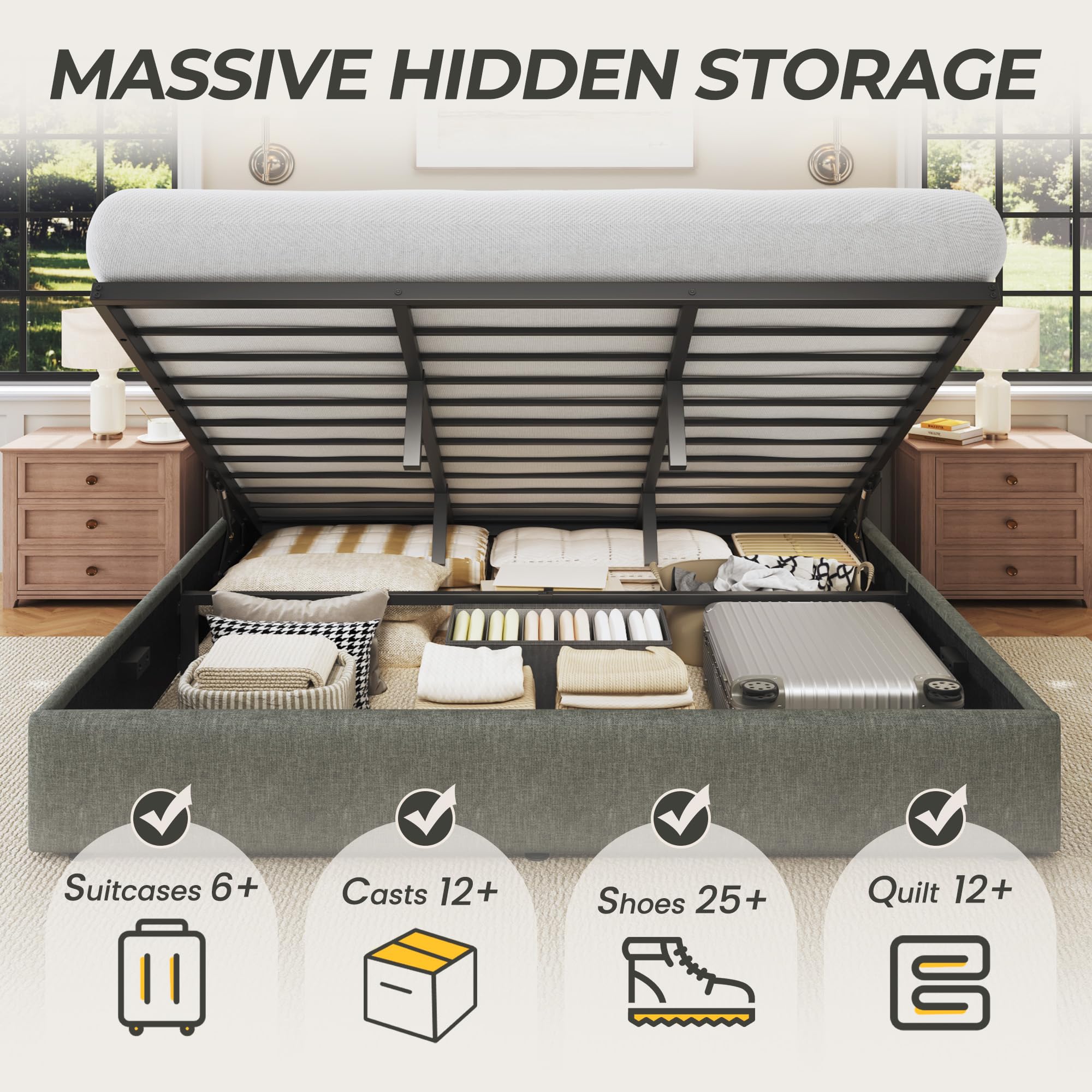 HISOFT Queen Size Lift Up Storage Bed Frame, Linen Upholstered Platform Bed with Wingback Headboard, Heavy Duty Hydraulic Gas Lift Underbed Space, Reinforced Full Metal Slats, Noise Free, Grey