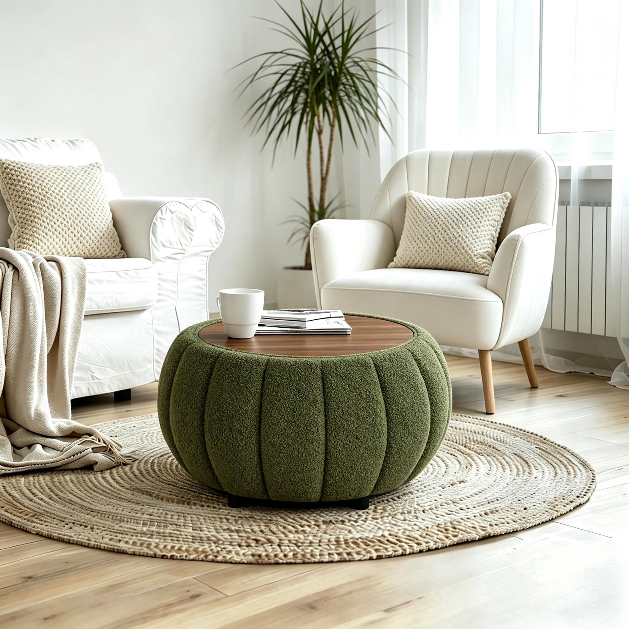 YDcosyfy 30 Inches Round Ottoman Coffee Table with Storage, Upholstered Ottoman in Boucle Teddy Fabric, Wooden Top with Tray, Soft Pumpkin Shape Design,for Living Room, Bedroom, Lounge, Green