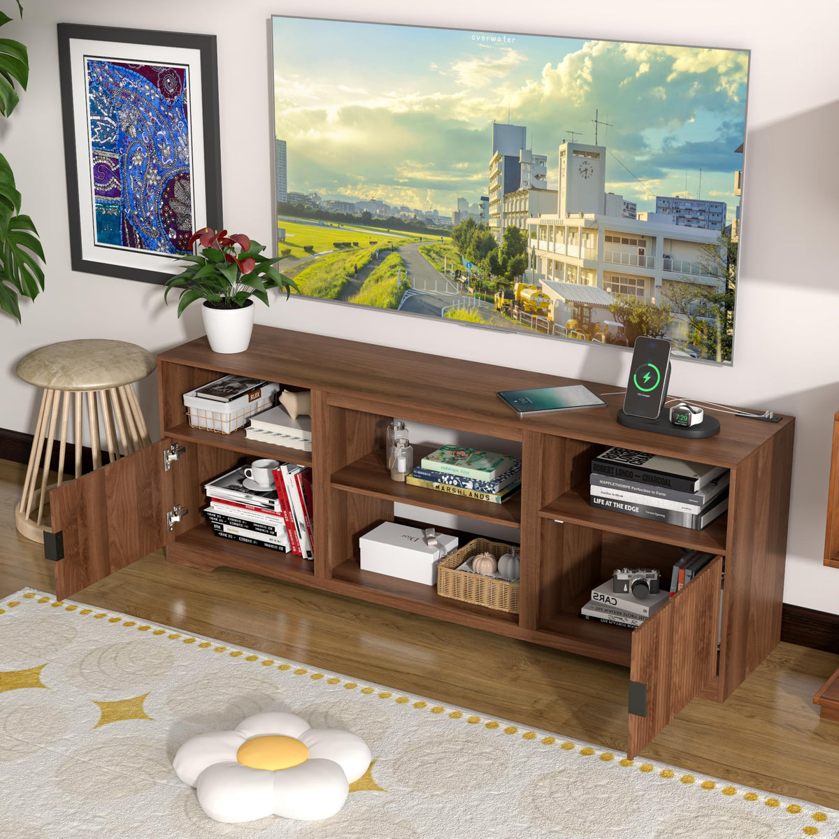 Fluted TV Stand for Tvs up to 80" with Adjustable Shelf Charging Station