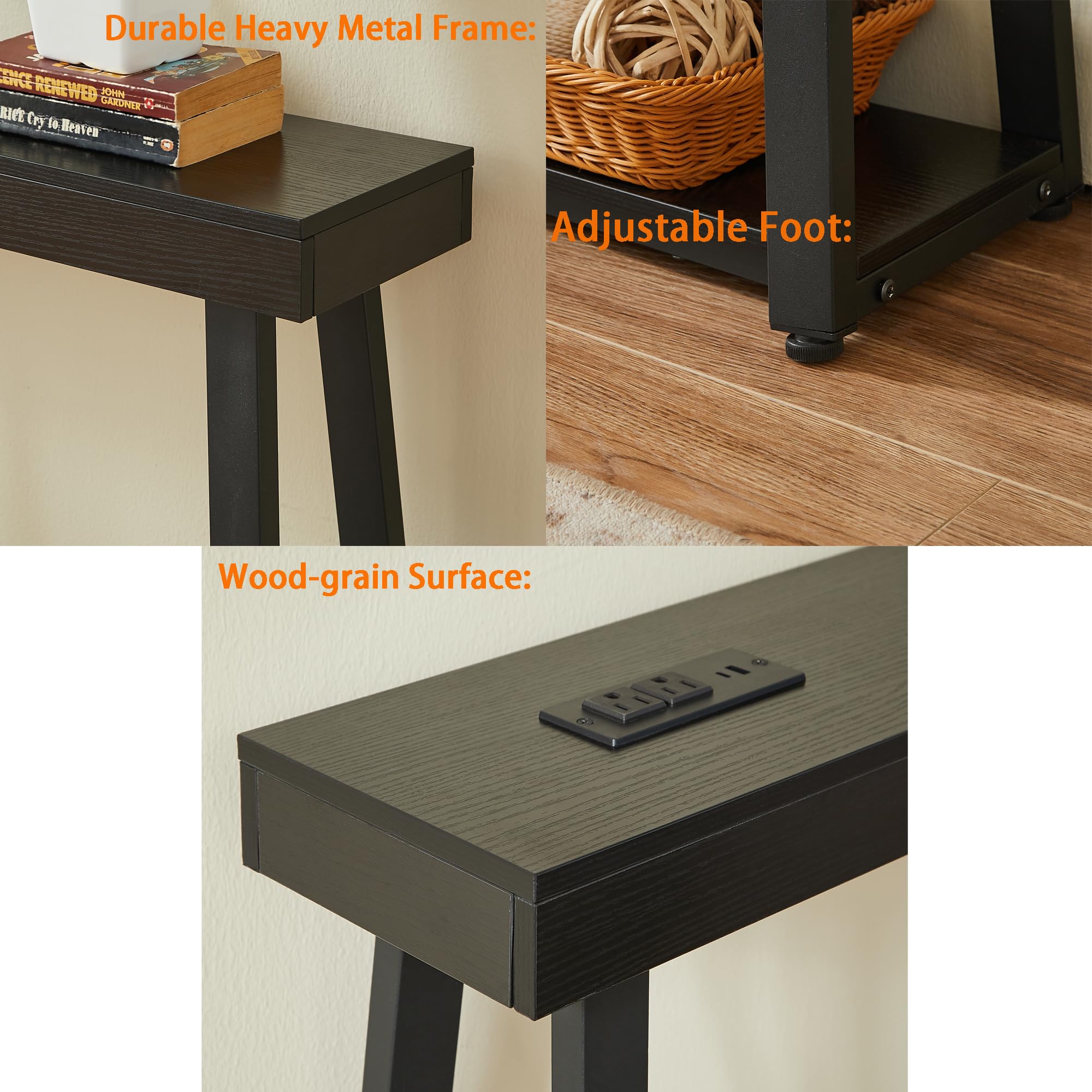 BOYUANH Narrow Small Entryway Console Table with Charging Station, Outlets&Ports, 36 Inch Thin High Tall Sofa Table for Entry Hallway, Living Room, Foyer, Behind Couch, Thick Metal Frame, Black