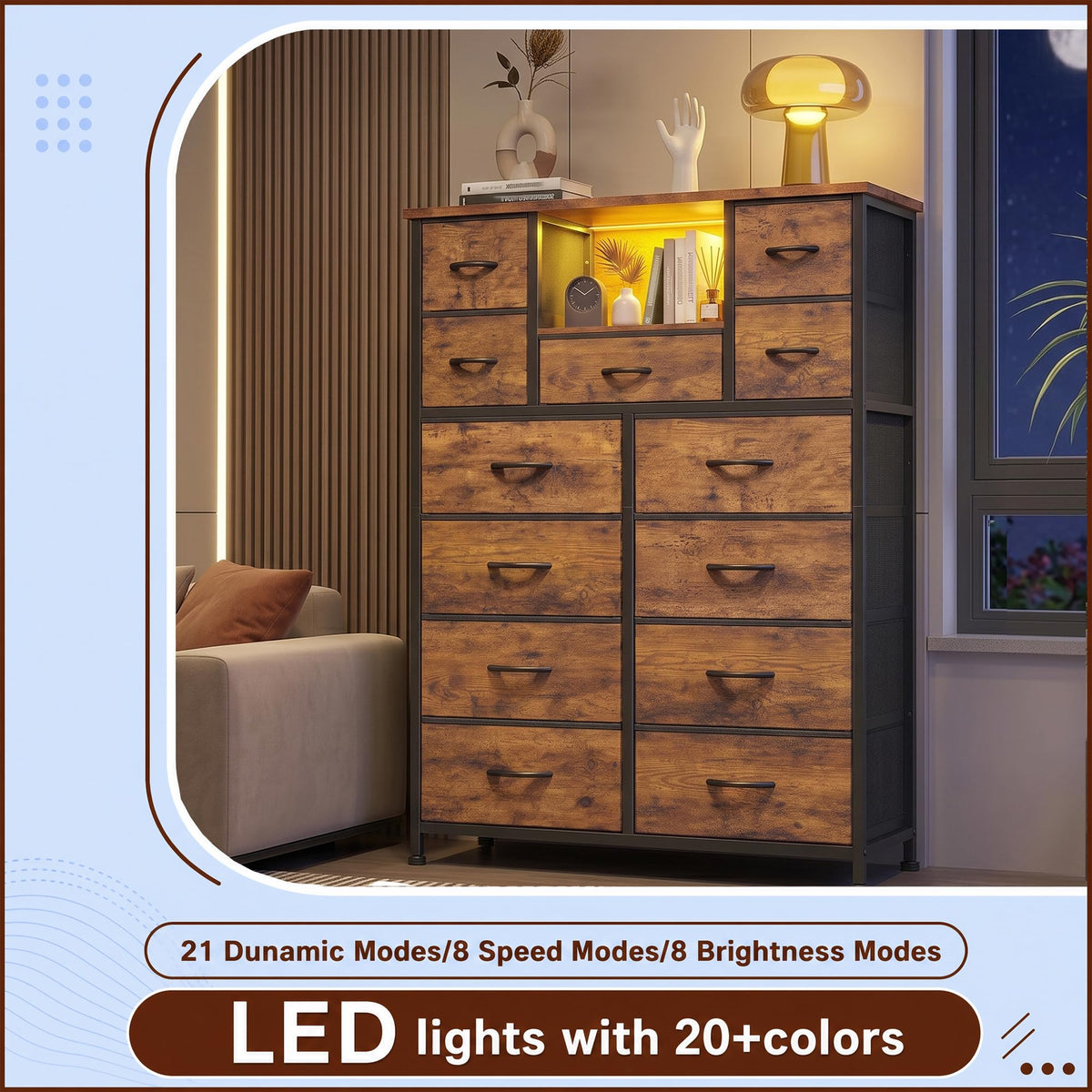 Bepatio Dresser for Bedroom, Charge-Station, LED Light and 13-Drawer, Brown