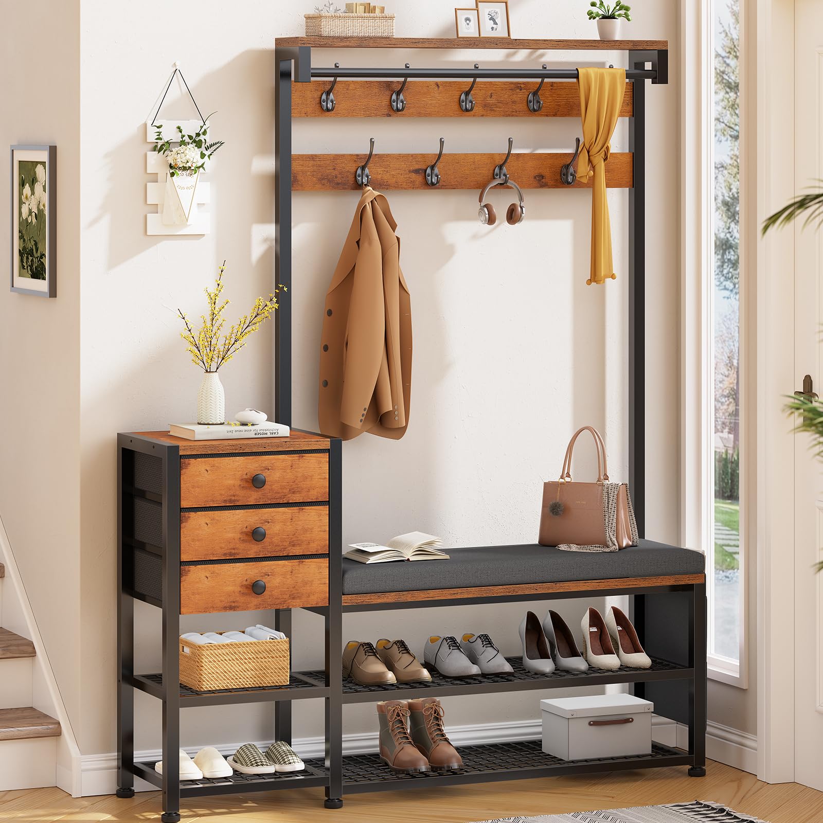 5-in-1 Hall Tree with Bench & Shoe Storage