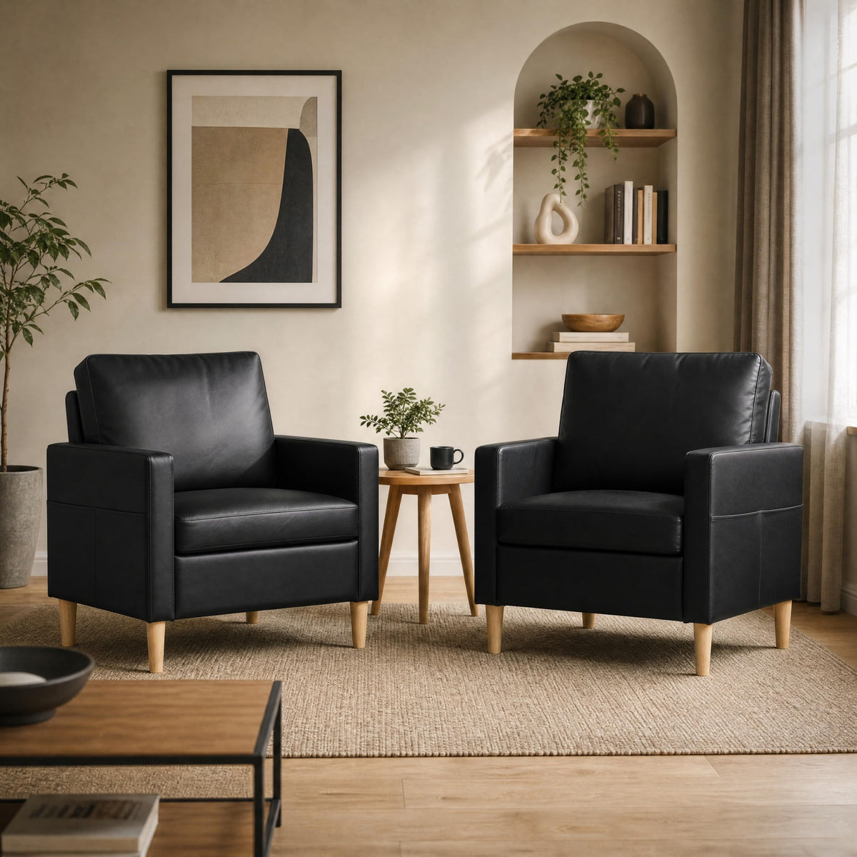 Black Faux Leather Accent Chair Set of 2, Modern Armchair for Living Room