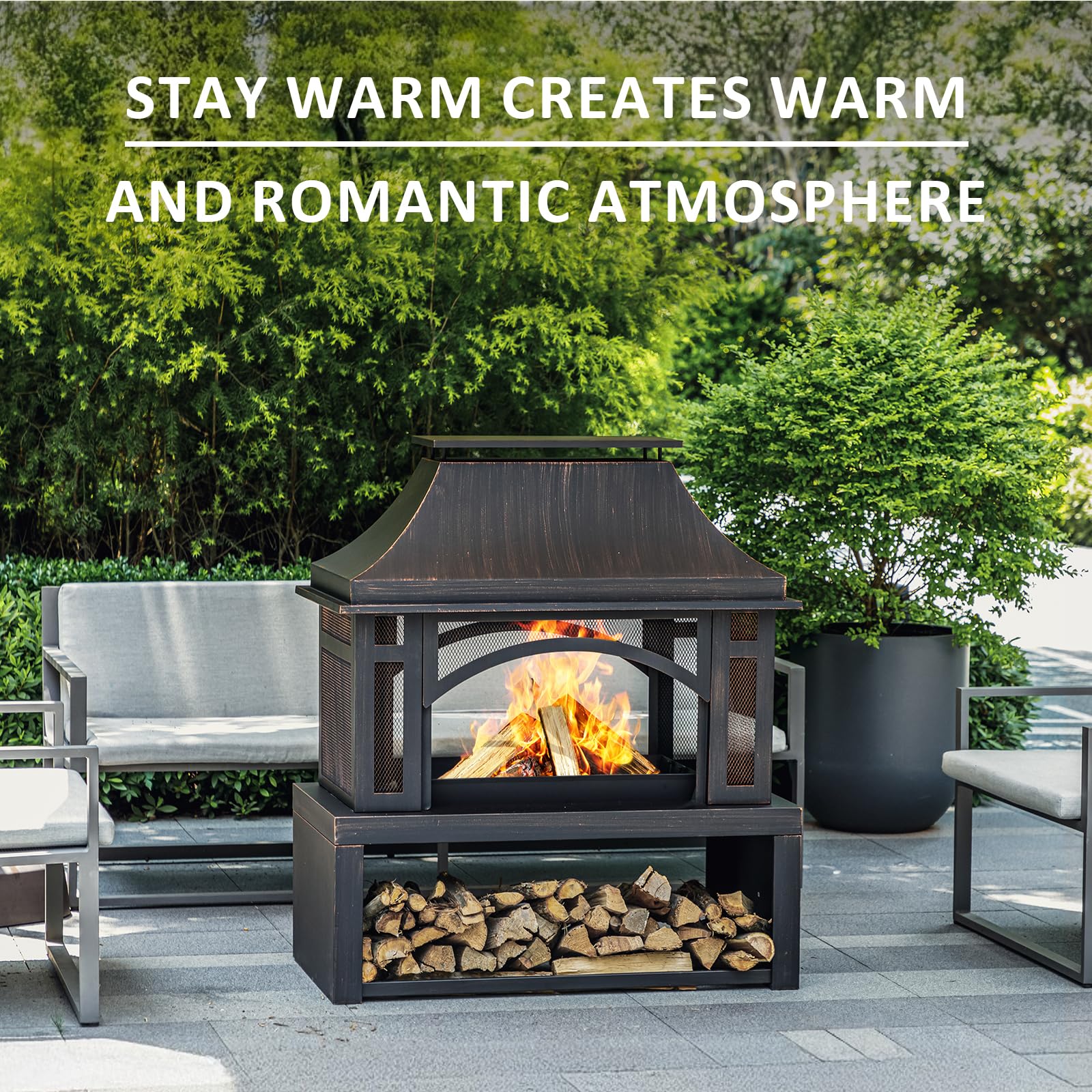 Steel Chiminea Outdoor Wood Burning Fire Pit with Chimney