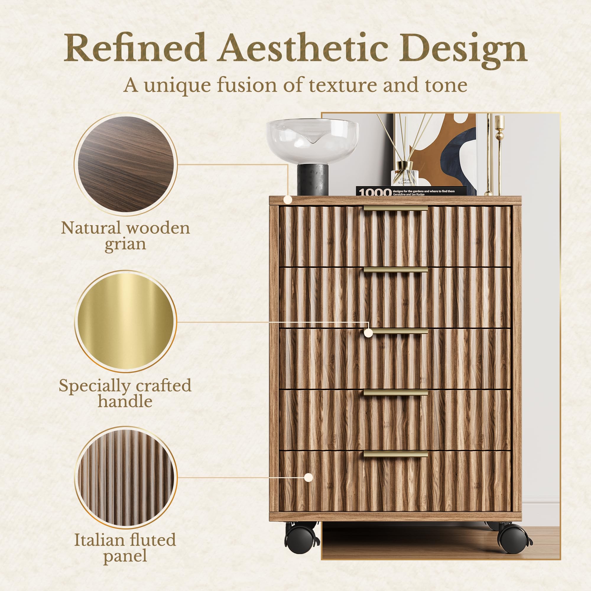 Fluted Mobile File Cabinet with Drawers & Wheels