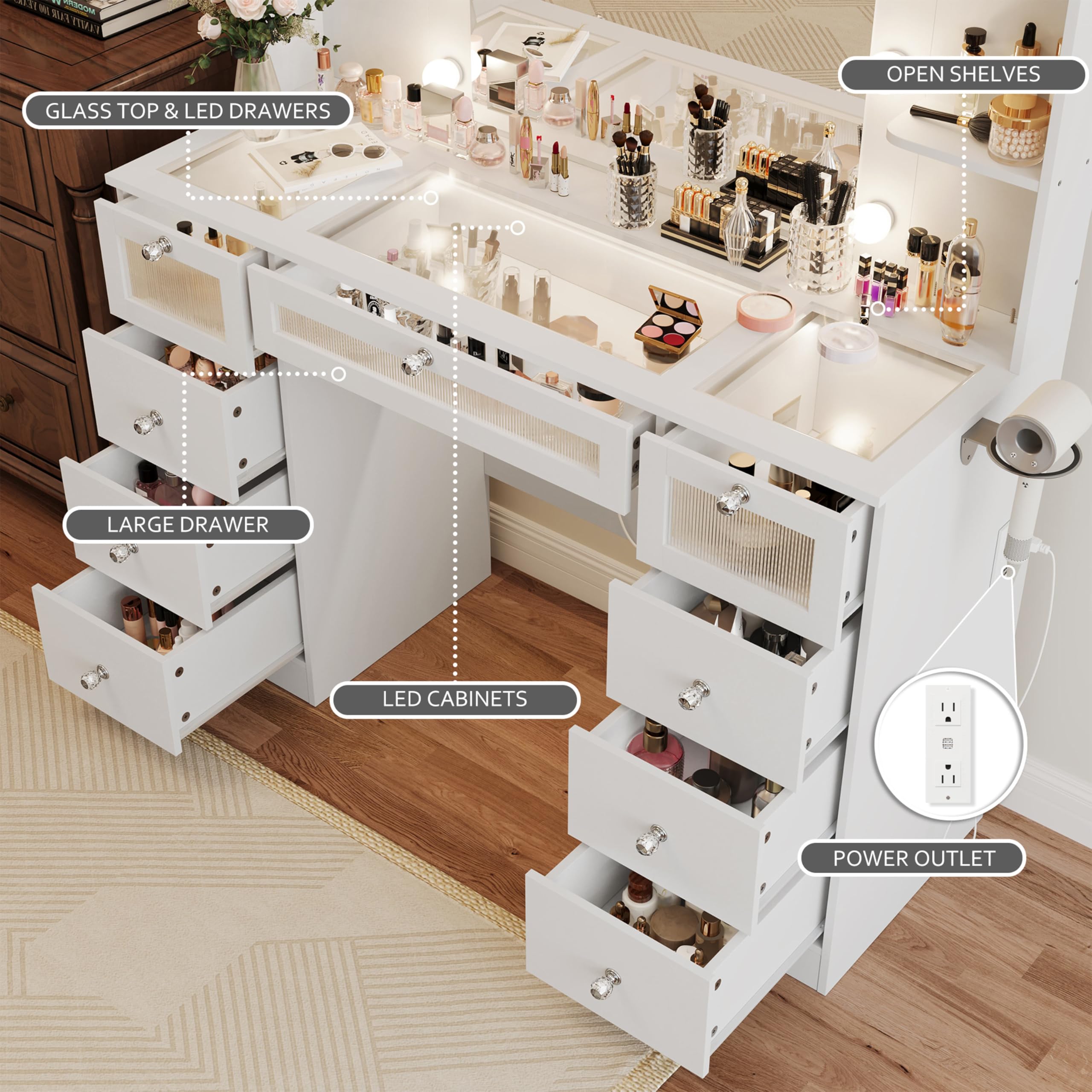 VQRhome White Vanity with Lighted 23.5” Mirror, Glass Top Vanity Desk with 9 Drawers & 3 Color Hollywood Bulbs & 4 Shelves & Acrylic & Power Outlet, Makeup Desk Dressing Table for Bedroom