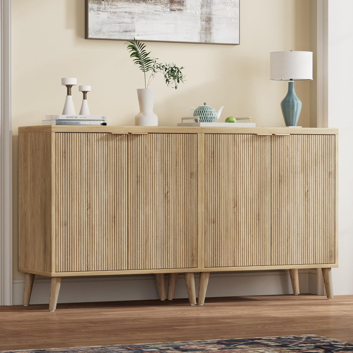 Homleke Fluted Buffet Cabinet with Storage, Modern Sideboard Cabinet