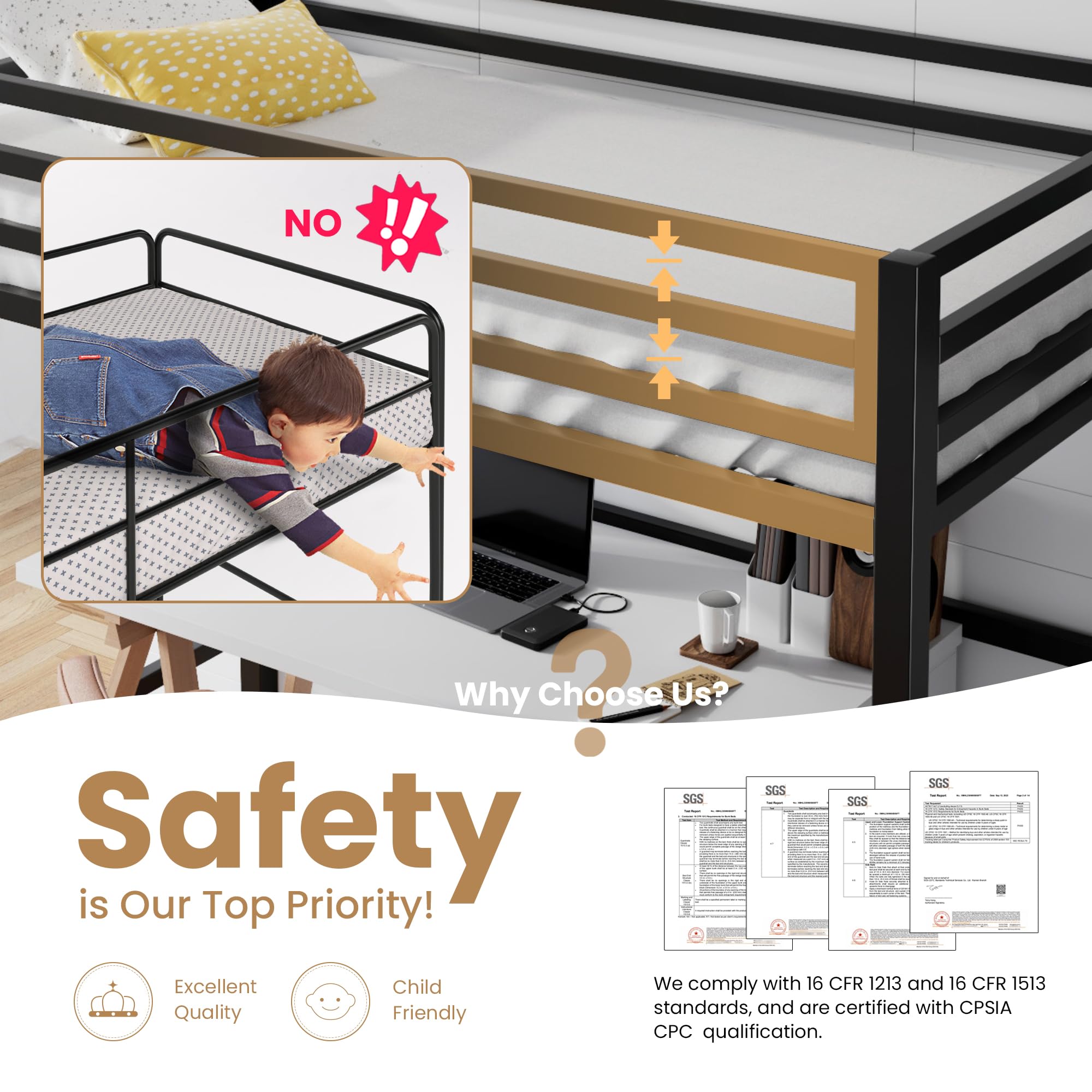 Twin Size Metal Loft Bed with Removable Ladder, Guardrail & Metal Slats