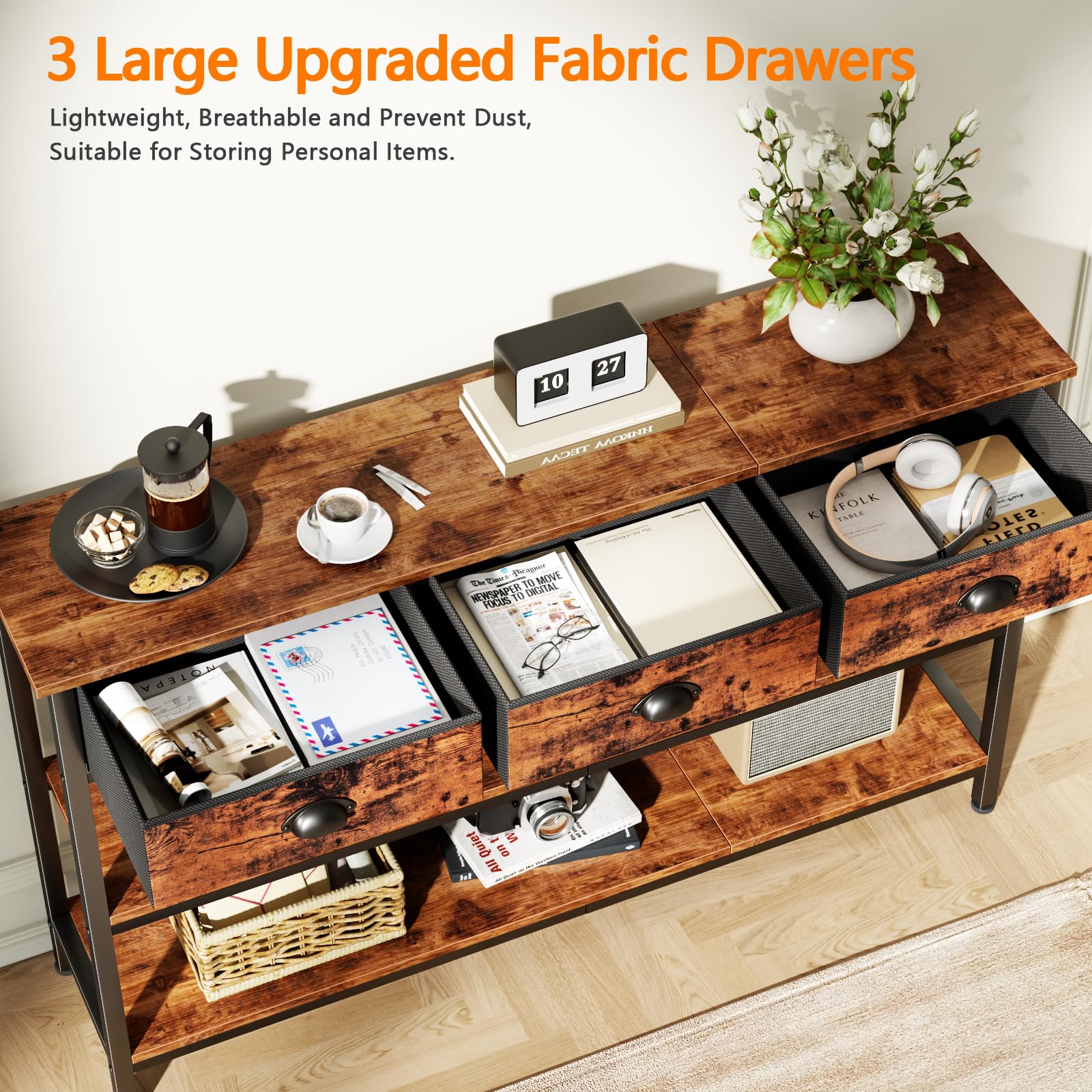 47" Console Table with 3 Drawers & Storage Shelves