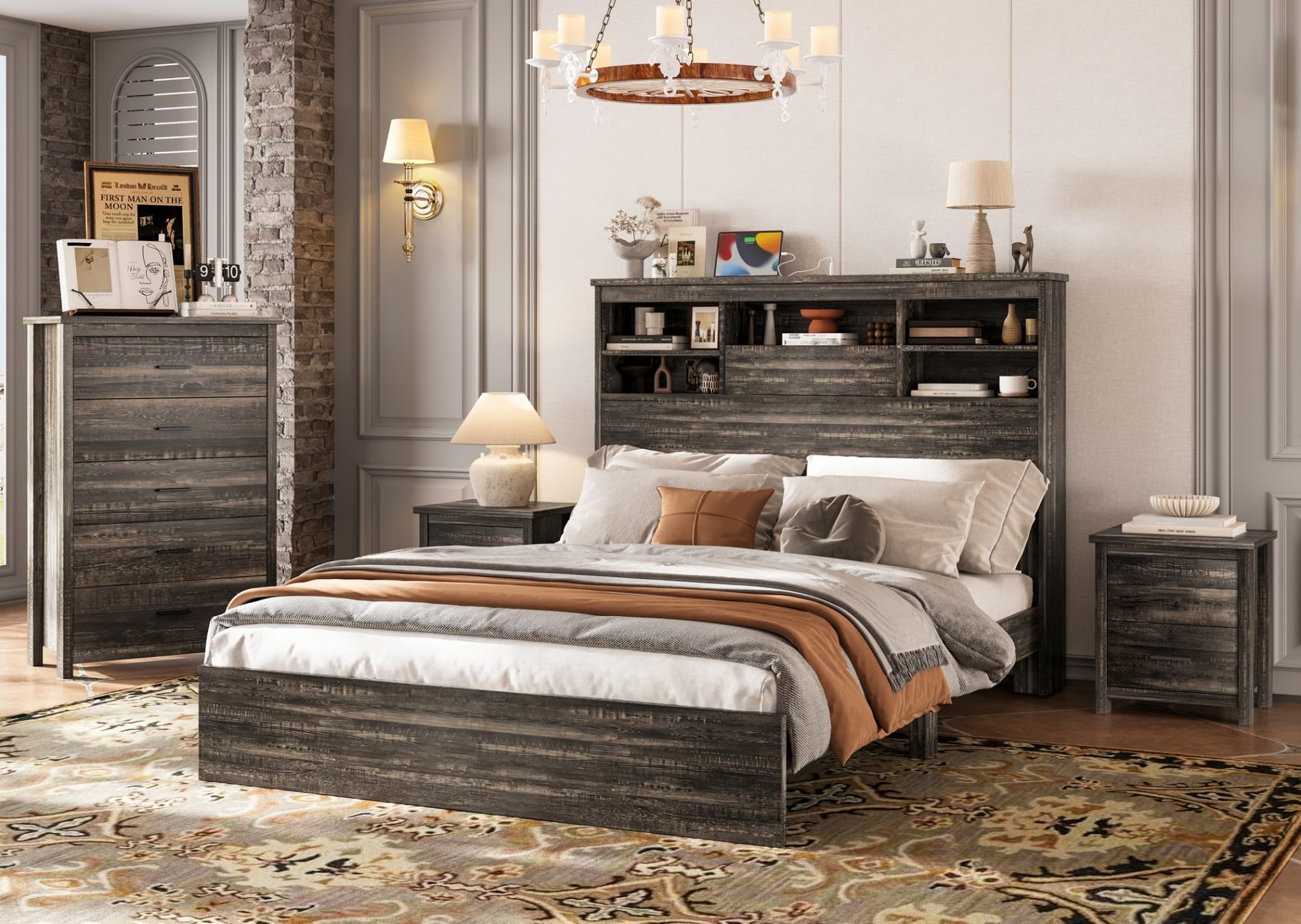 Queen Size Bedroom Set with USB Charging & Storage Headboard