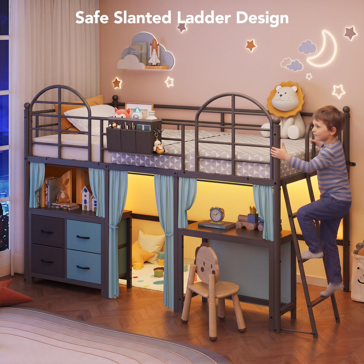 Twin Low Loft Bed with Desk & Storage