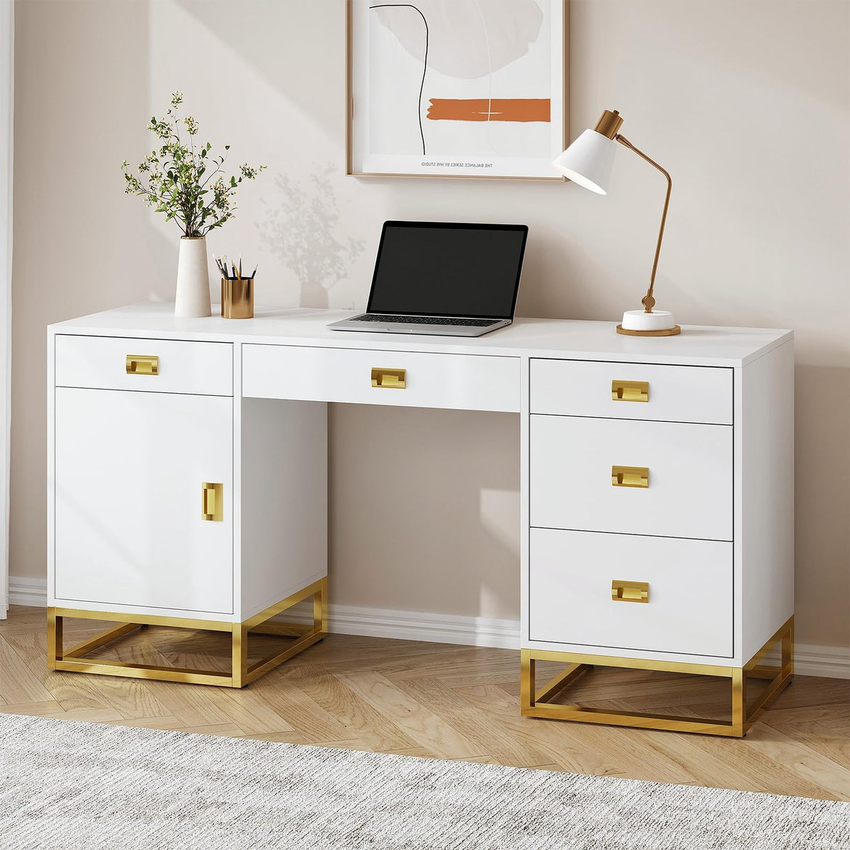 Desk with 5 Drawers and Cabinet