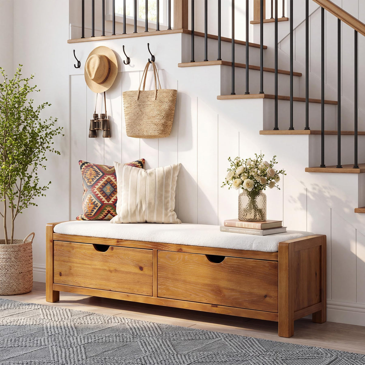 55" Wood Entryway Bench with 2 Storage Drawers, Upholstered Storage Bench