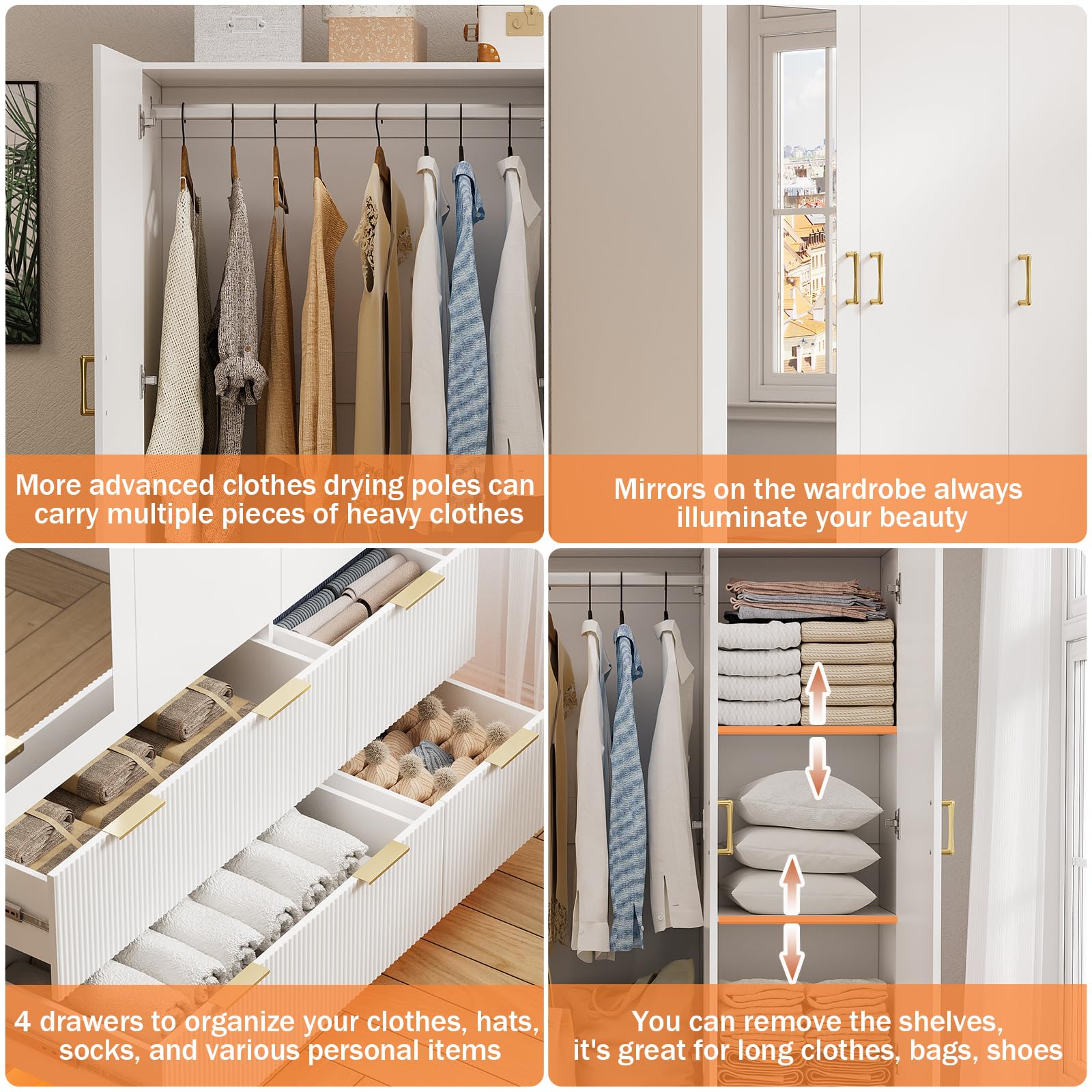 3-Door Wardrobe Closet with Mirror & LED Lights