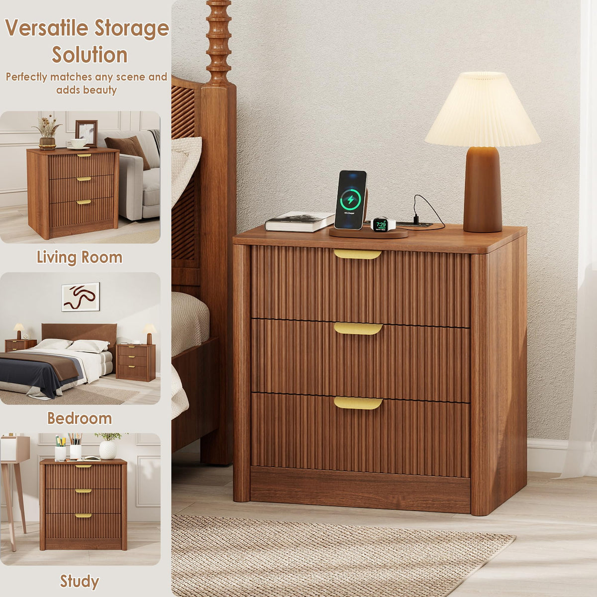 PLRSOZIM 23.6" Walnut Fluted Nightstand with Charging Station and 3 Drawers