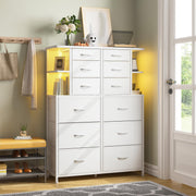 White Dresser for Bedroom with 12 Drawers & LED Lights,4 Open Storage Shelves, Fabric Dressers & Chests of Drawers for Living Room, Entryway, Dorm, Metal Frame, Wood Top,45.2" H x 35.4" W x 11.8" D