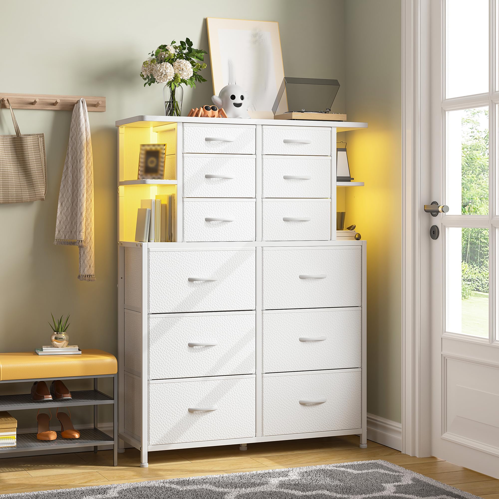 White Dresser for Bedroom with 12 Drawers & LED Lights,4 Open Storage Shelves, Fabric Dressers & Chests of Drawers for Living Room, Entryway, Dorm, Metal Frame, Wood Top,45.2" H x 35.4" W x 11.8" D
