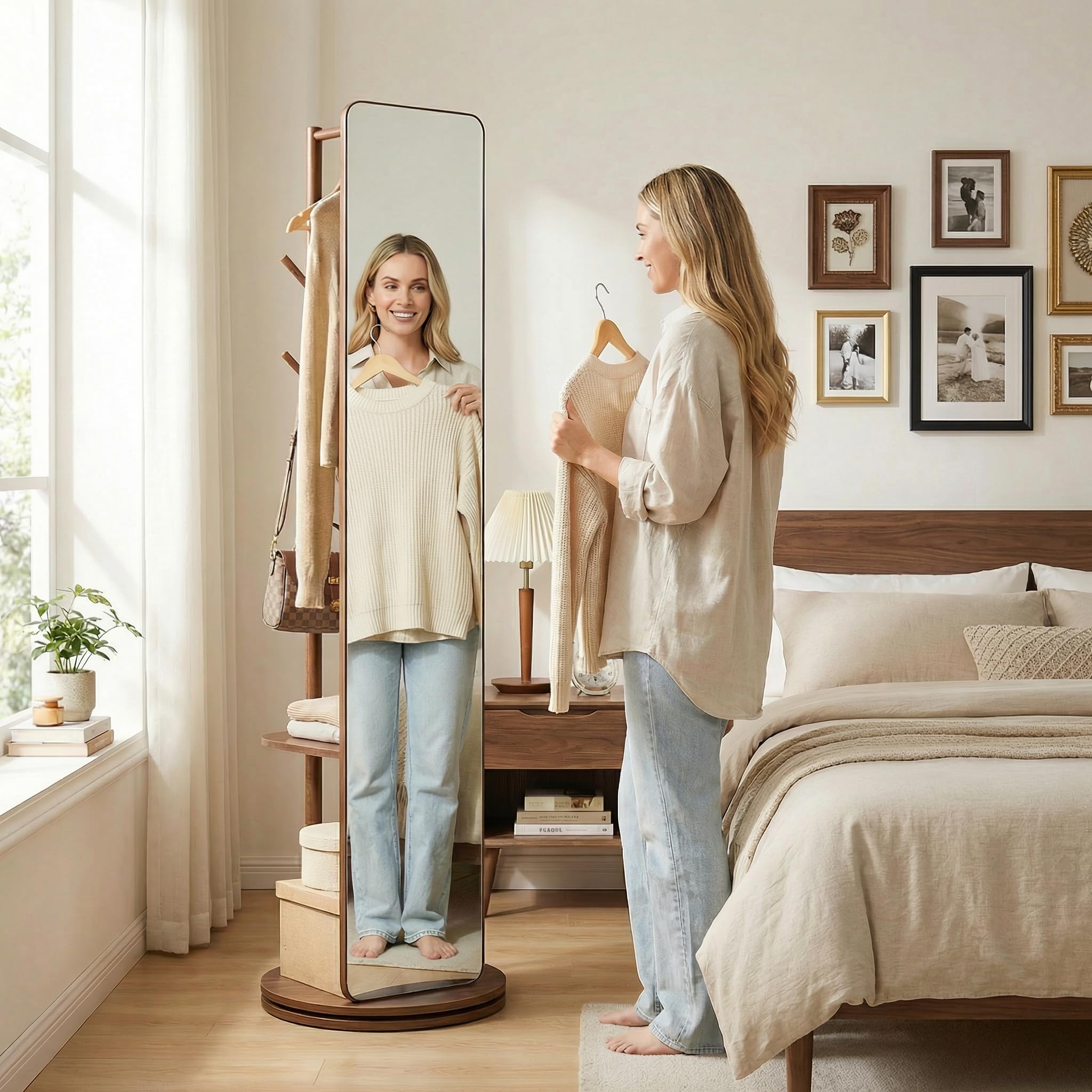 Purfeel Home Solid Wood Floor Mirror 69"x19"Full Length Mirror with Standing,360°Rotating Coat Rack with Mirror for Bedroom, Living Room, Cloakroom