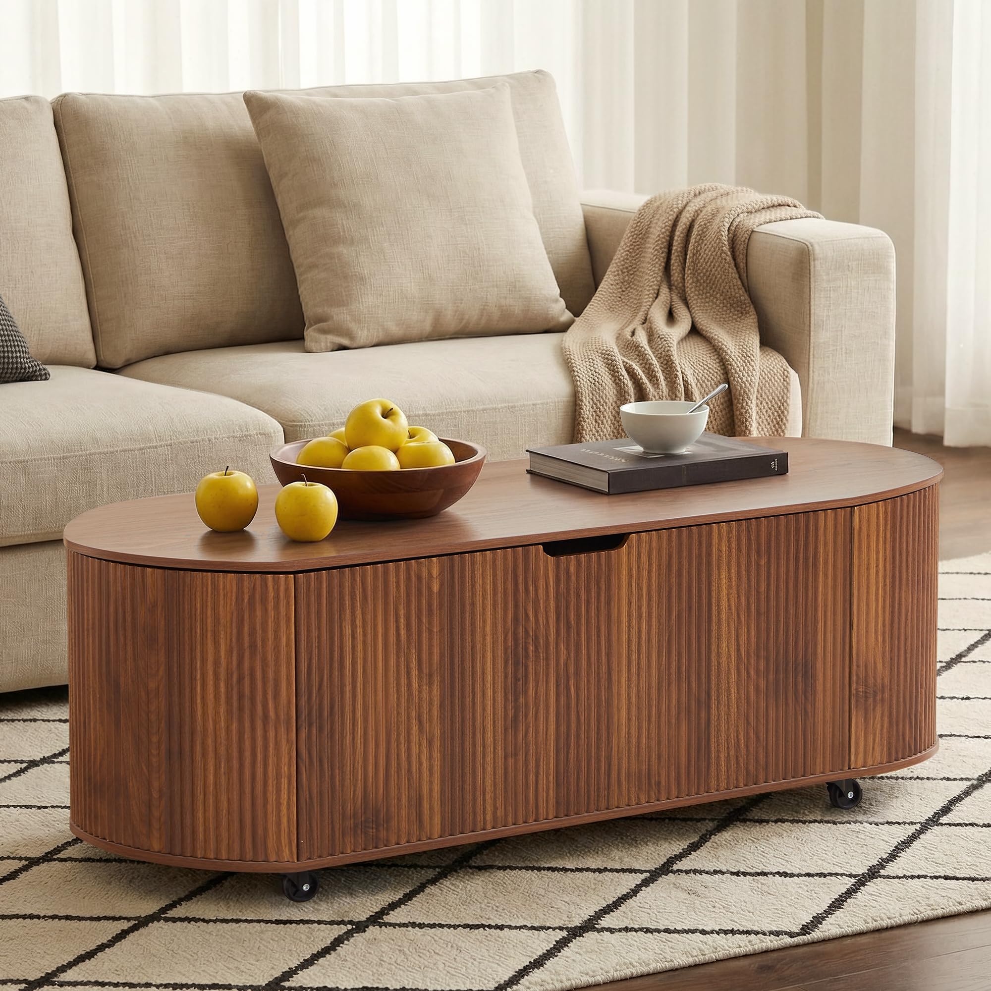 43.3” Storage Bench with 4 Wheels, Fluted Oval Storage Chest with Safety Hinges, Modern Wooden End of Bed Bench, Large Storage Trunk Toy Chest with Lift Top for Entryway Bedroom Living Room, Walnut