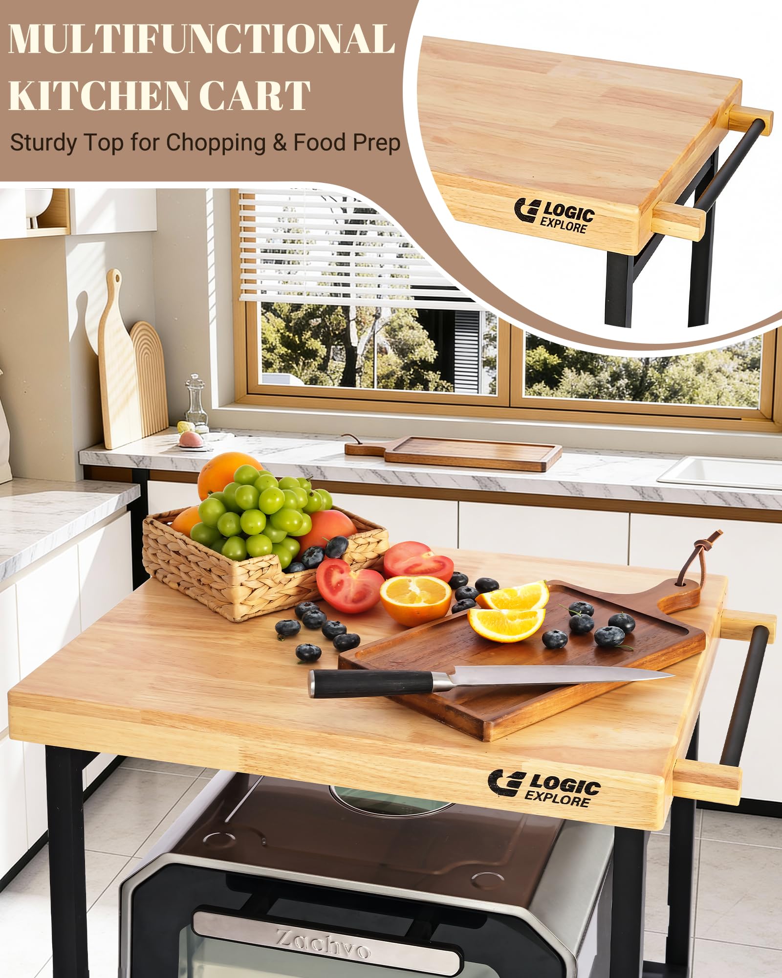 Logicexplore Foldable Kitchen Storage Cart with Solid Oak Top, Heavy-Duty Metal Frame, 3-Tier Rolling Utility Rack, Kitchen Island on Lockable Wheels for Microwave, Toaster Oven & Food Prep