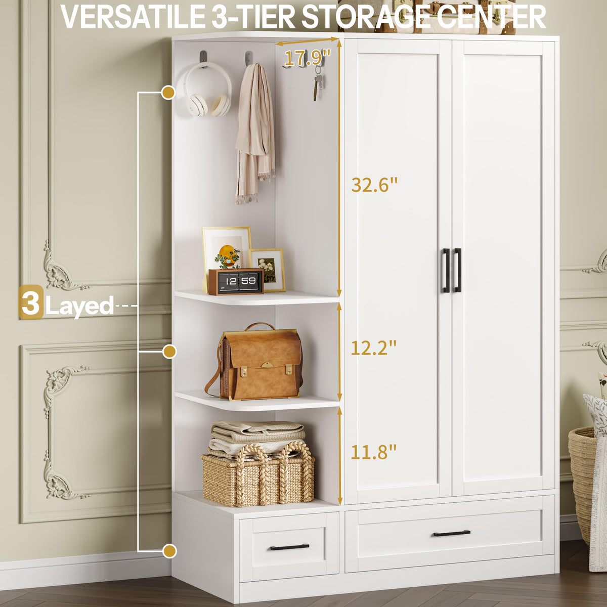 DynJest Armoire Wardrobe Closet with 2 Drawers, 70" Tall Clothing Storage Cabinet with Hanging Rod, 3 Open Shelves & 5 Hooks, 2 Doors Large Capacity Wooden Cabinet for Bedroom, White