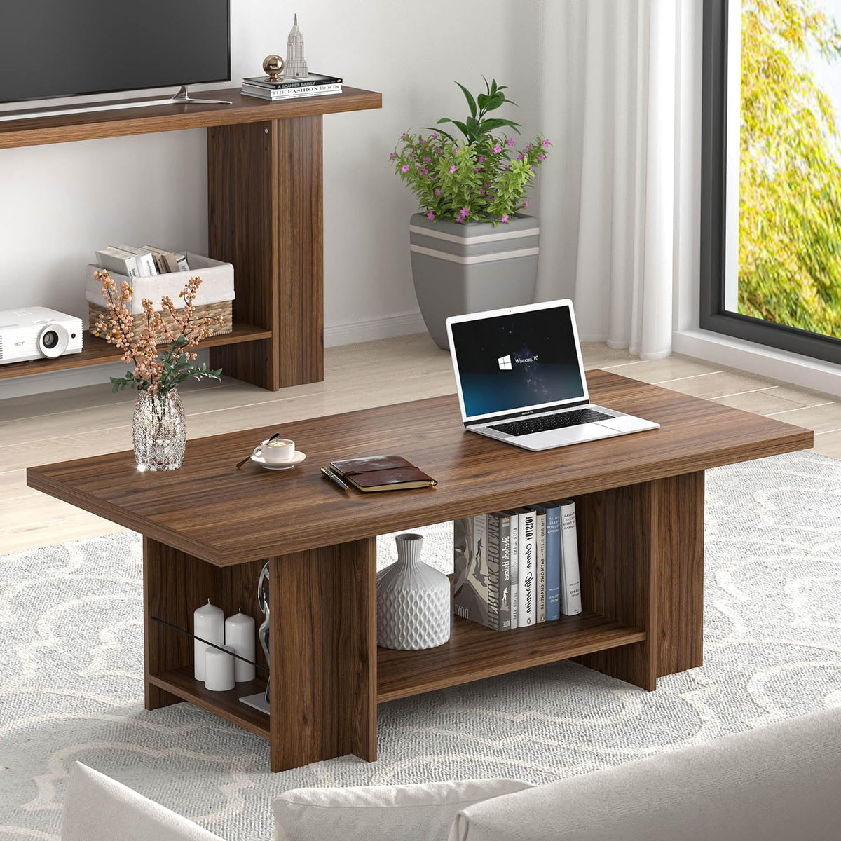 FOLUBAN Coffee Table, Modern Wood Living Room Table with Storage Bottom Shelf & Side Shelves, Rectangle Center Table Cocktail Tea Table for Home Office, Rustic Walnut, 47 Inch