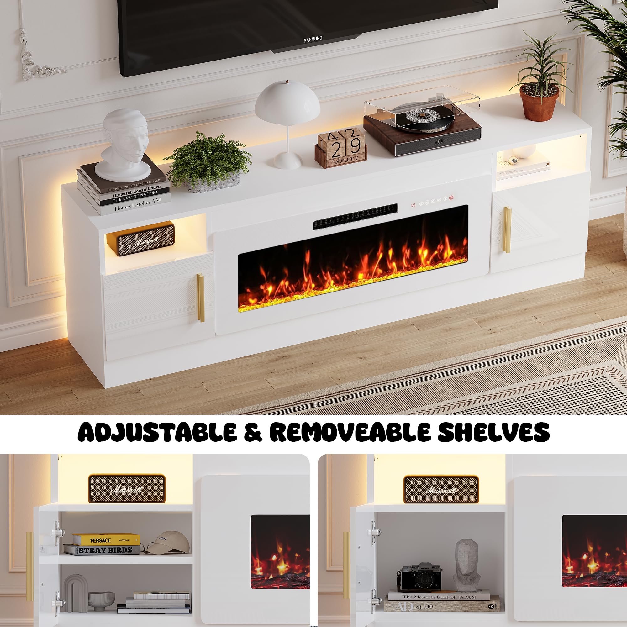 KENAINALU Fireplace TV Stand with 40’’ Electric Fireplace, 70'' TV Media Entertainment Center with Fireplace Up to 80 inch,Modern LED TV Console with High Gloss Cabinet for Living Room