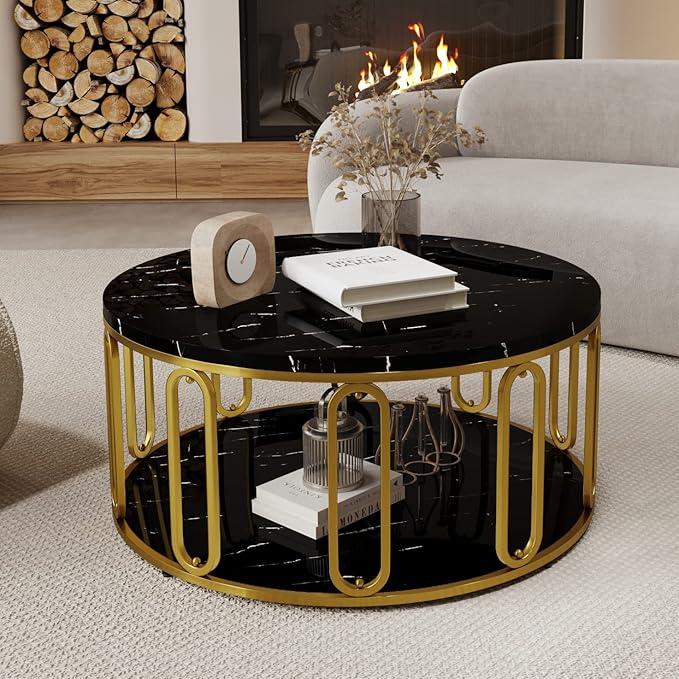 Round Marble-Top Coffee Table with Gold Metal Legs