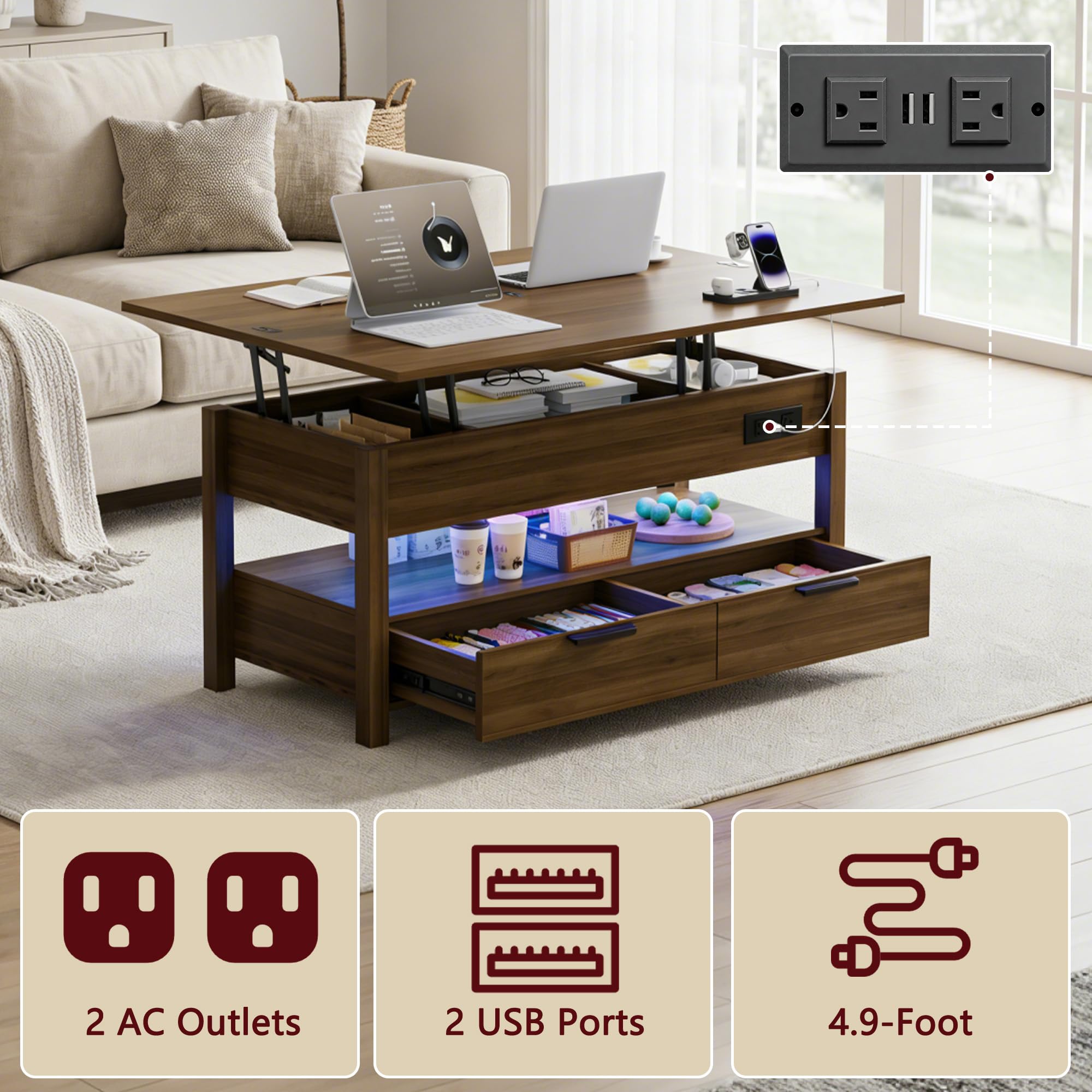 Cakhdry 40" Lift Top Coffee Table, Smart Coffee Tables with Power Outlets & LED Lights, Modern Center Table Converts to Dining Table with Lifting Top and Storage for Living Room, Walnut