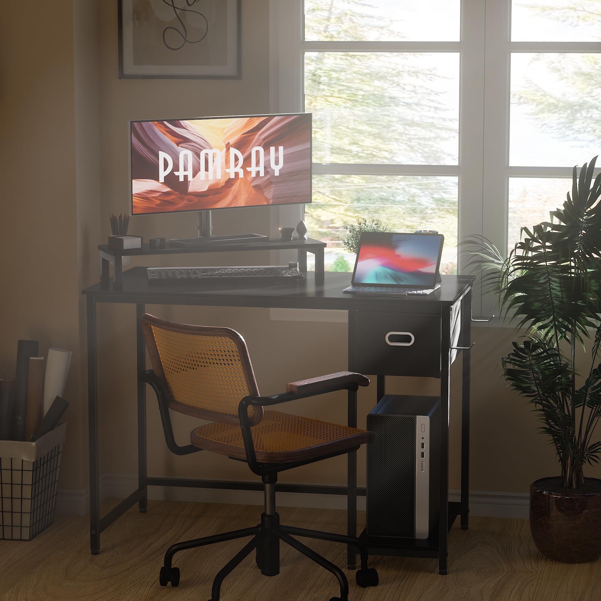 Computer Desk with Monitor Stand, Storage Drawer & Hooks