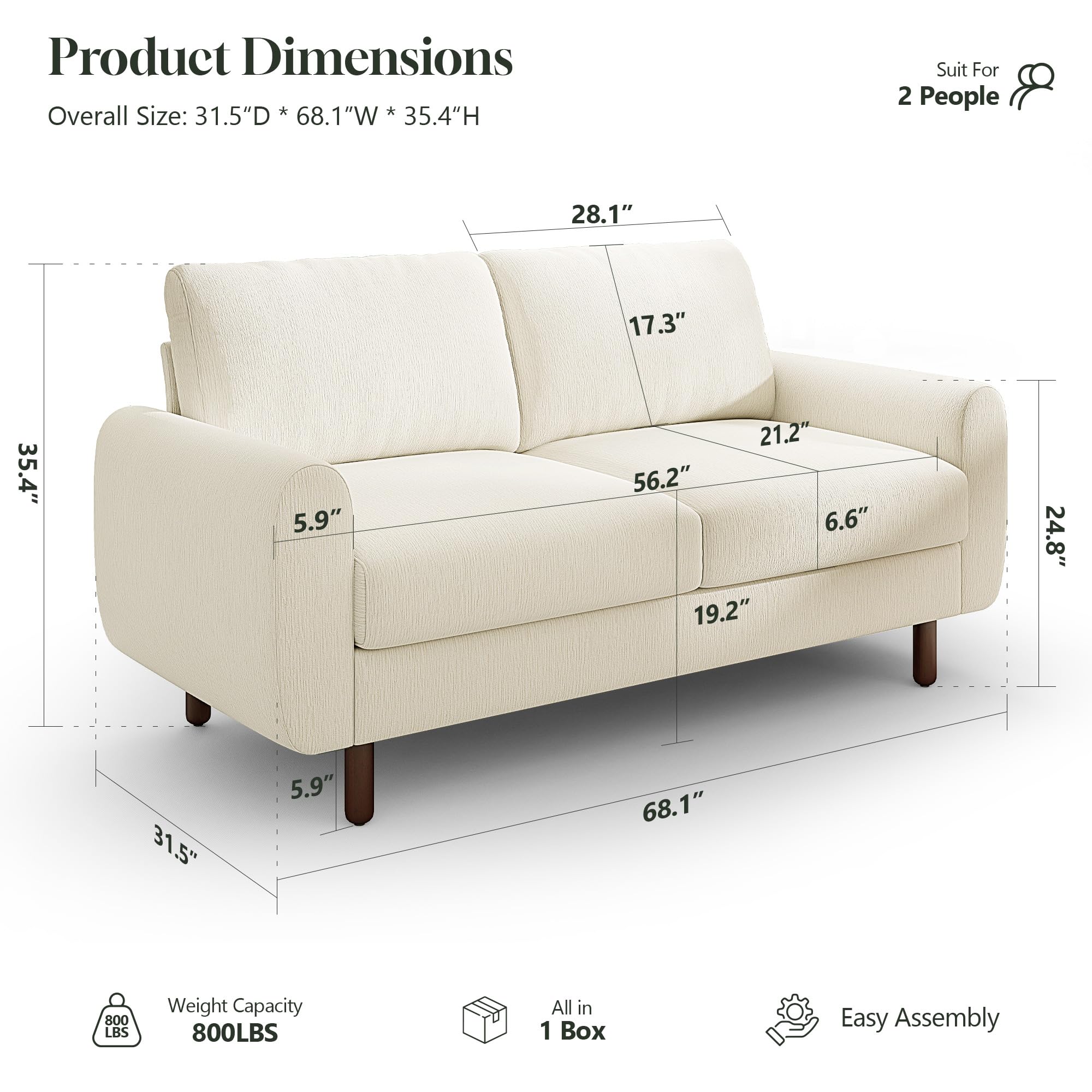 WorthFurni 68" Loveseat Sofa, Comfy Chenille Fabric Couches for Living Room with Spring Cushion and Solid Wood Frame, Modern Deep Seat Couch for Bedroom, Apartment, Office, Easy Assembly, Beige