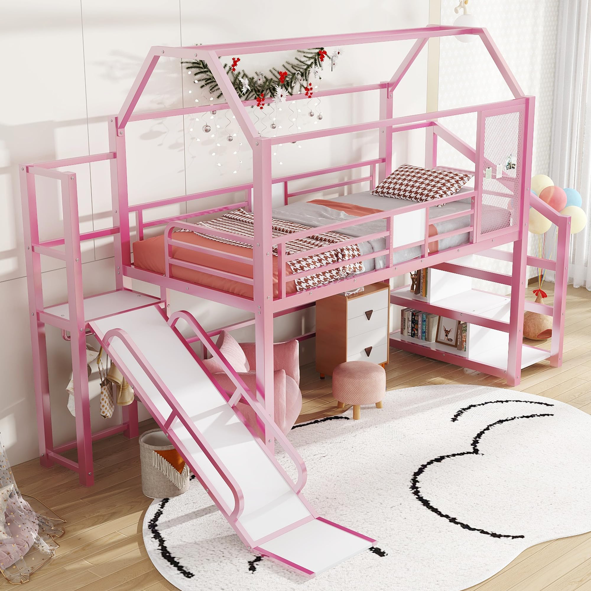 Twin Size Loft Bed with Slide & Storage Stairs