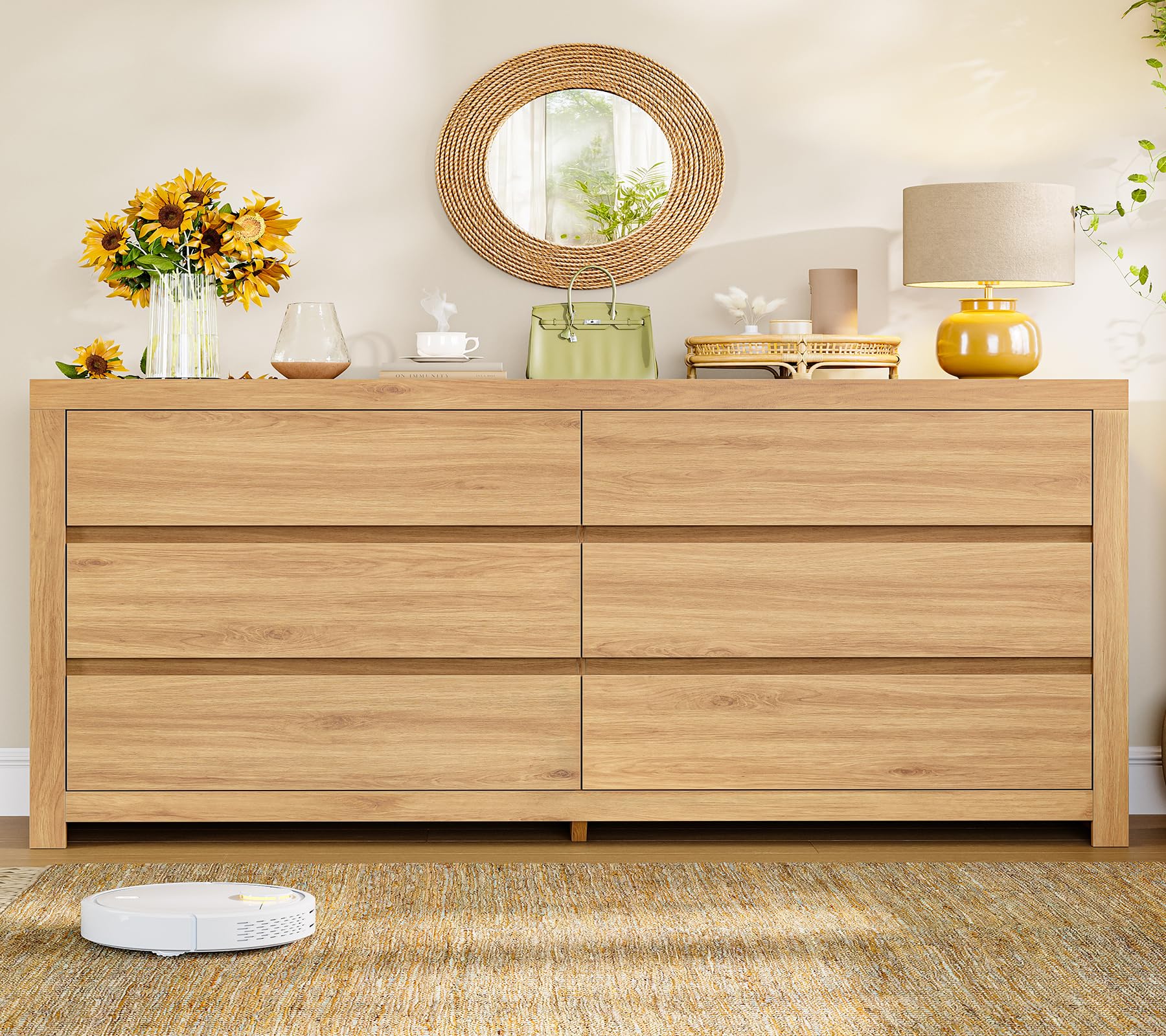 TEENFON 55" Dresser for Bedroom with 6 Drawers, Modern Dressers & Chests of Drawers with Metal Handles, Wooden Dresser TV Stand, Bedroom Dressers, for Bedroom, Hallway, Natural