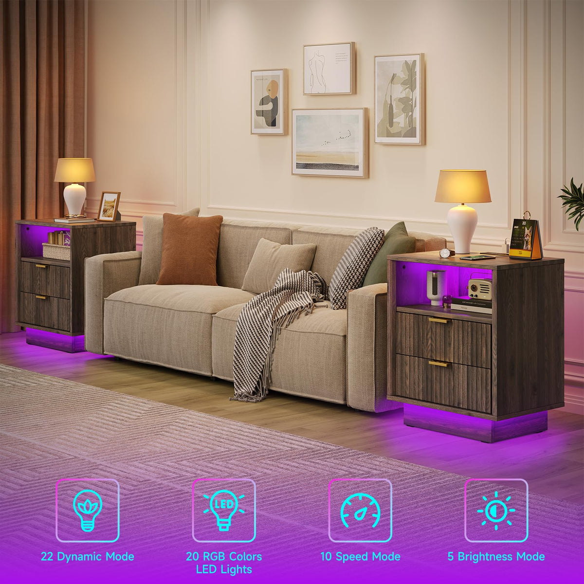 Nightstand with Charging Station, LED Light, 2-Drawer, Walnut, Bedroom