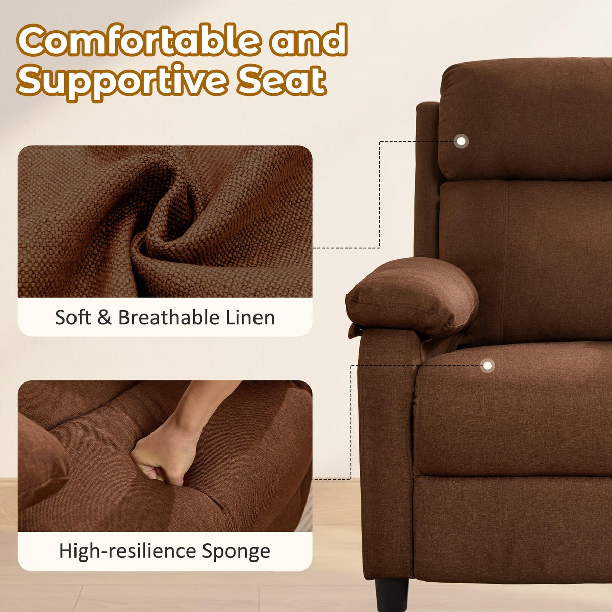 Korser Recliner Chair, Reading Chair for Adults with Side Pockets, Recliners with Padded Deep Seat, Small Recliners for Small Spaces, Linen Fabric Comfy Chair for Bedroom, Living Room, and RV